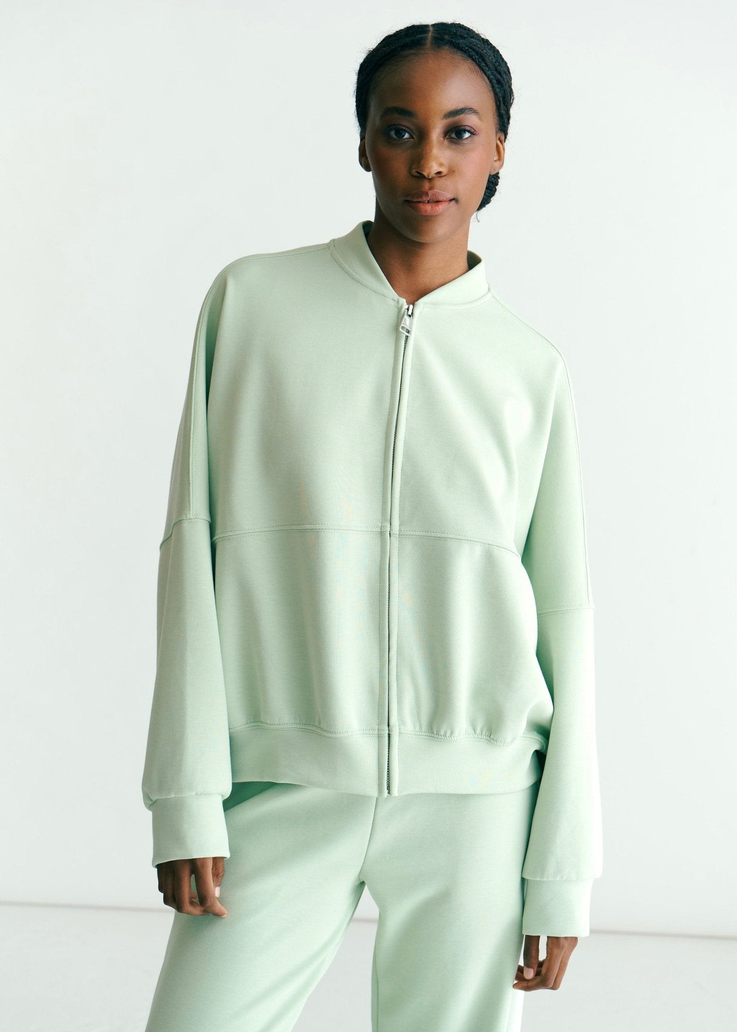 View our Malmö Oversized Zip Up Bomber Jacket In Pistachio Mint - by Tribute Store