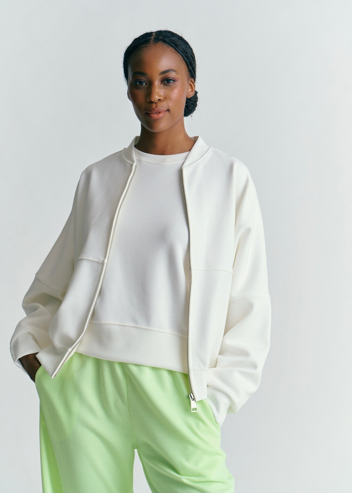 View our Malmö Oversized Zip Up Bomber Jacket In White - by Tribute Store
