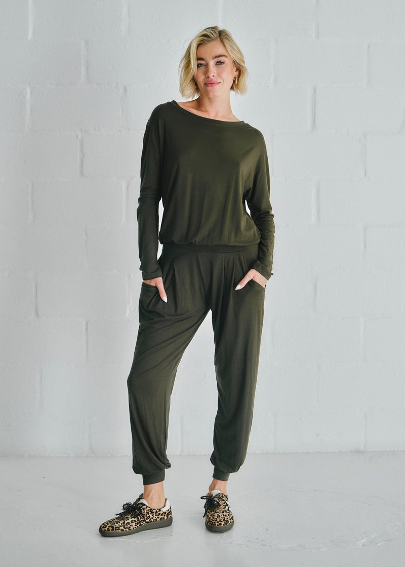 View our Mila Lounge Jumpsuit In Khaki - by Tribute Store
