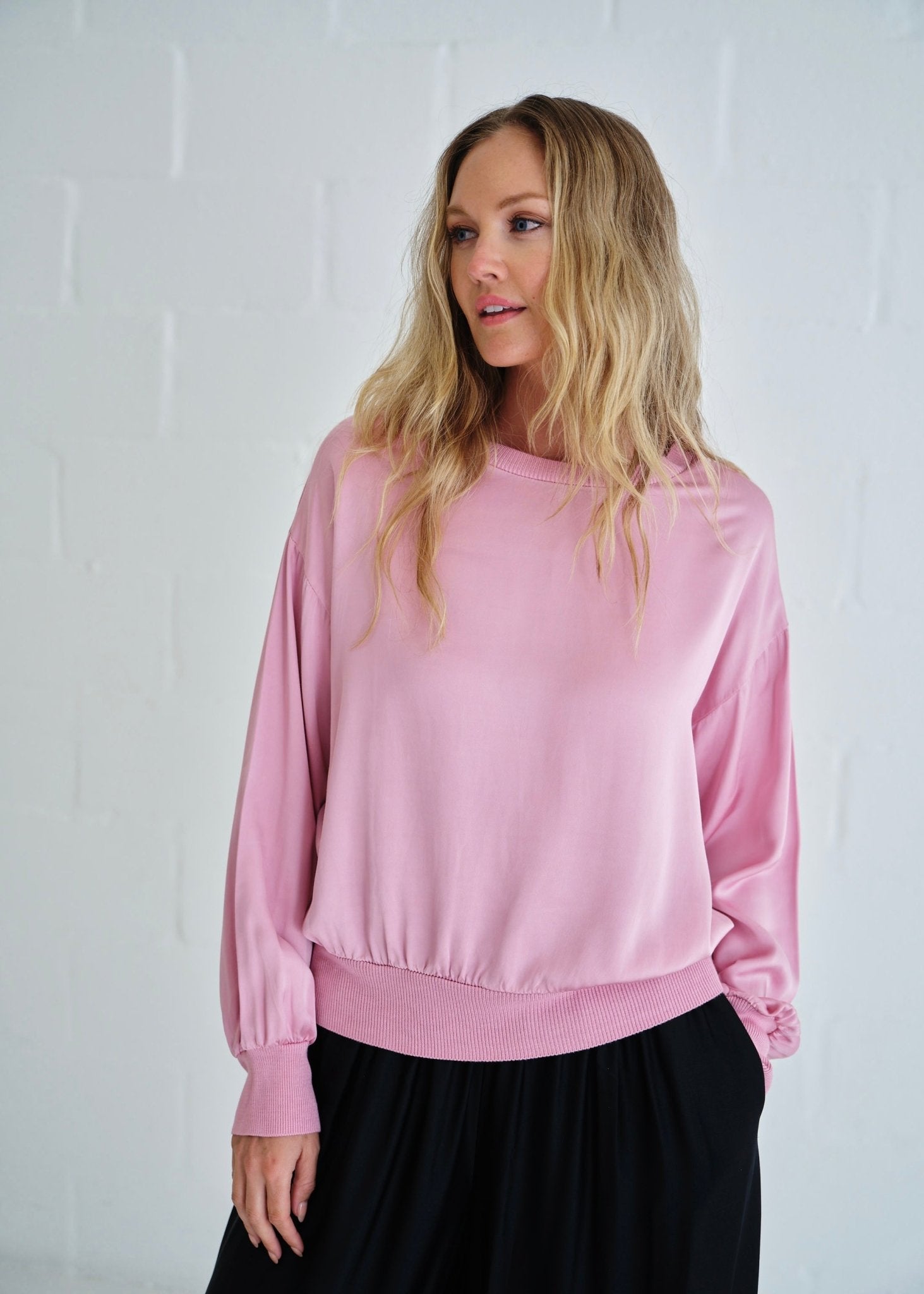 View our Milano Italian Crew Neck Satin Long Sleeved Top In Blush Pink - by Tribute Store