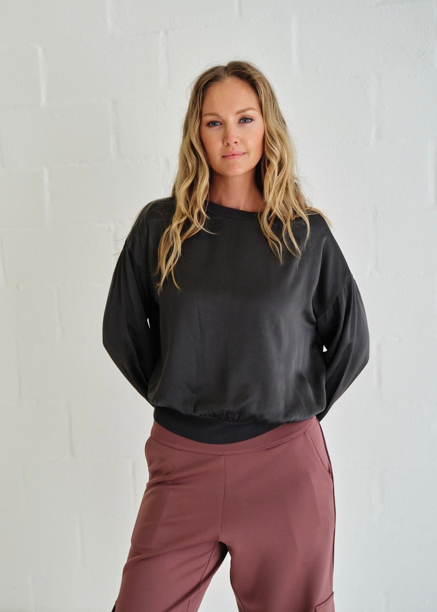 View our Milano Italian Crew Neck Satin Long Sleeved Top In Gunmetal - by Tribute Store
