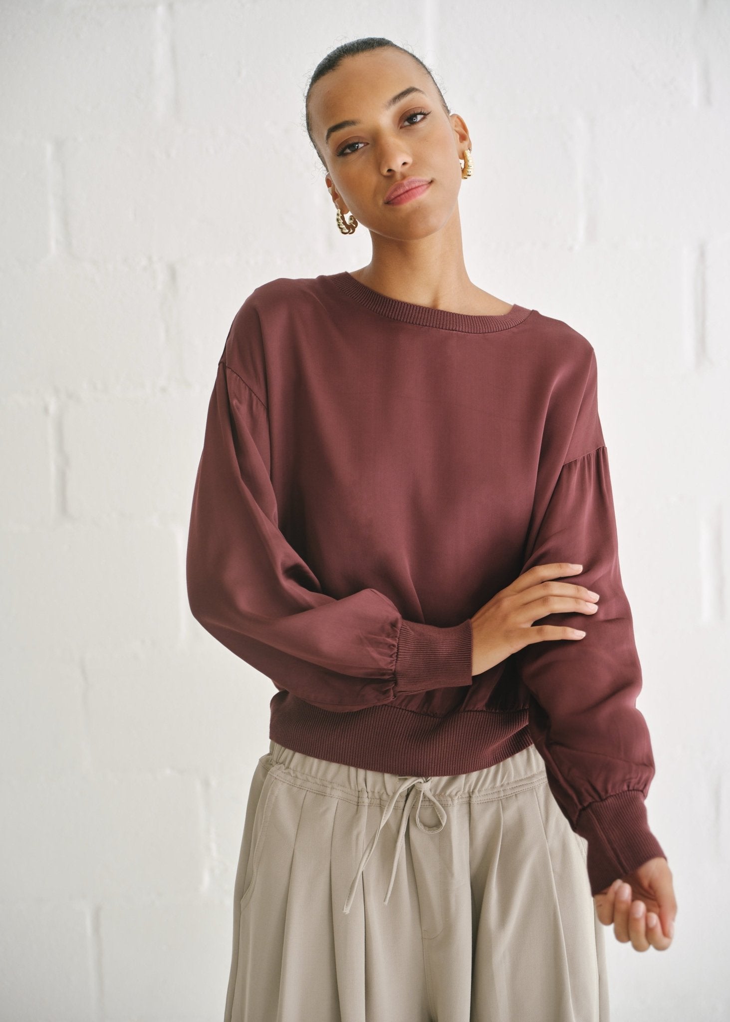 View our Milano Italian Crew Neck Satin Long Sleeved Top In Maroon - by Tribute Store