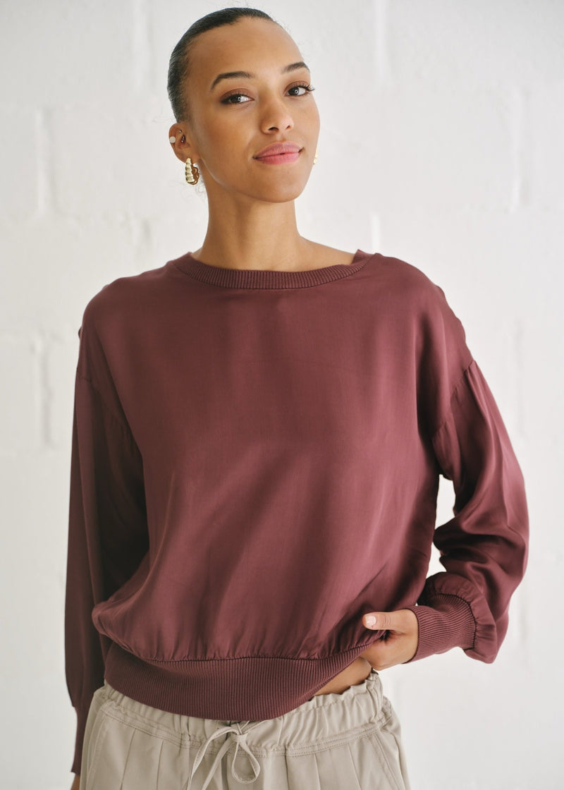 View our Milano Italian Crew Neck Satin Long Sleeved Top In Maroon - by Tribute Store
