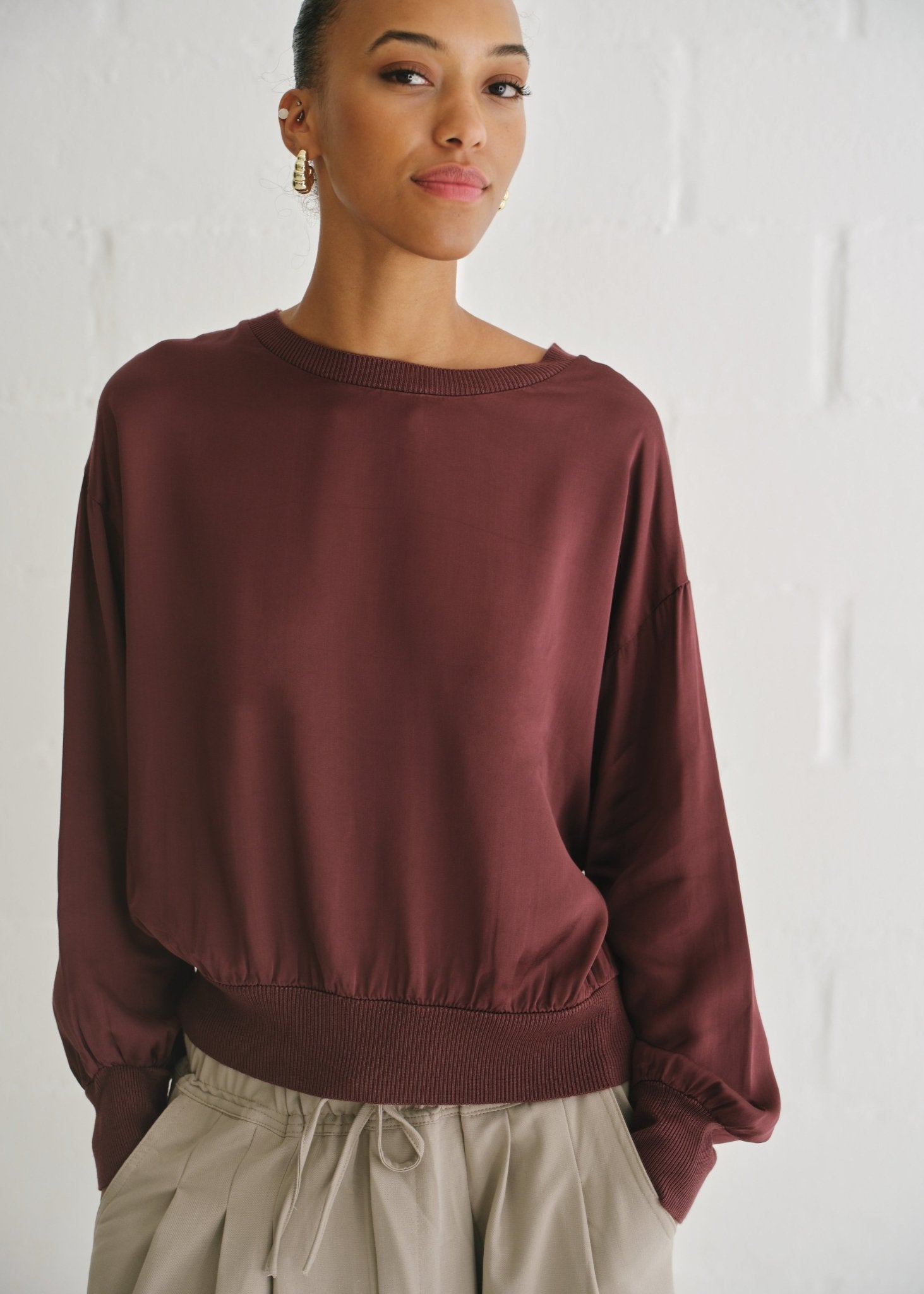 View our Milano Italian Crew Neck Satin Long Sleeved Top In Maroon - by Tribute Store