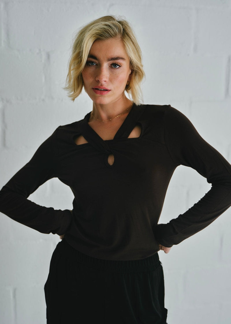 View our Milla Twisted Cut - Out Long Sleeve Top Brown - by Tribute Store
