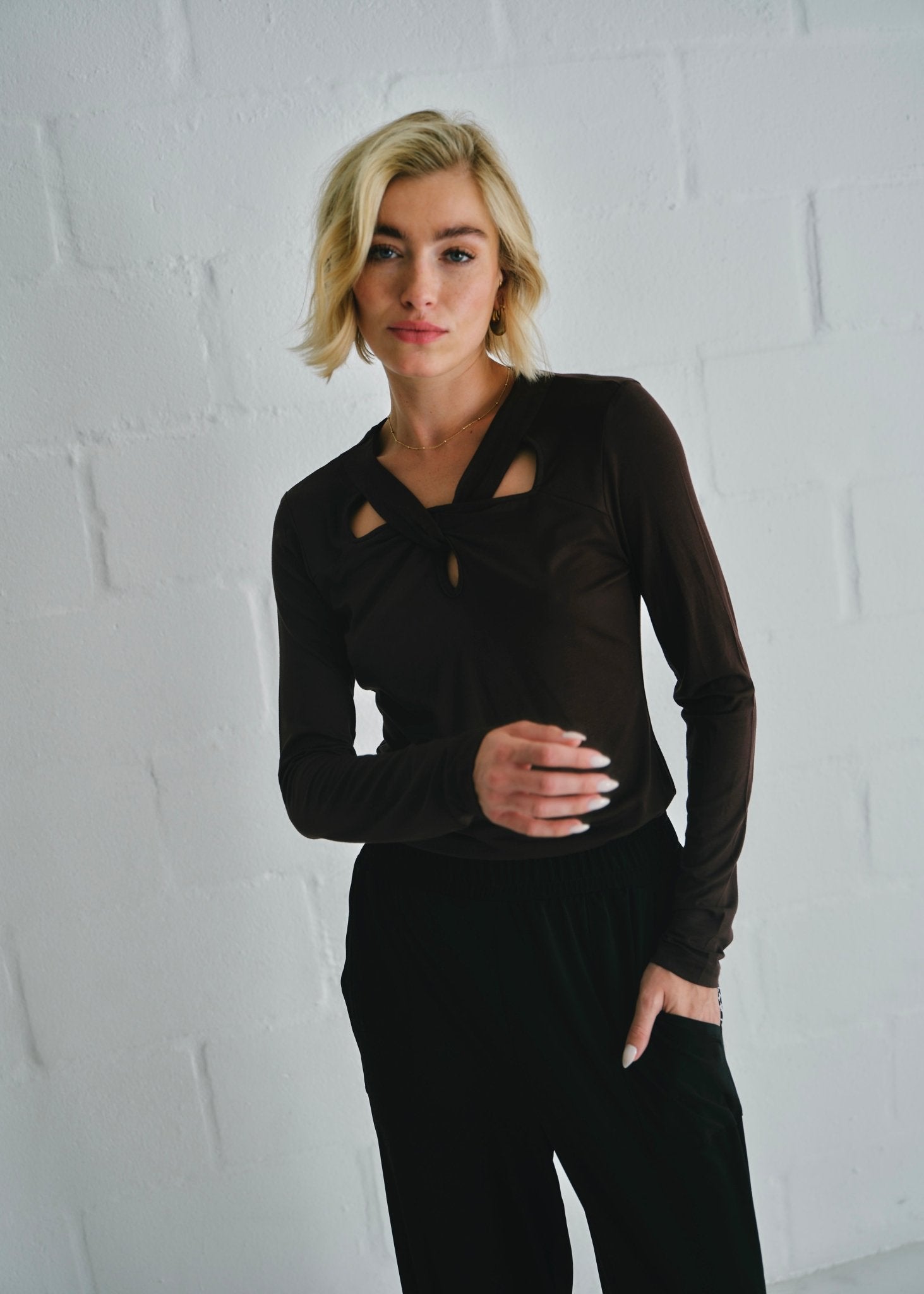 View our Milla Twisted Cut - Out Long Sleeve Top Brown - by Tribute Store