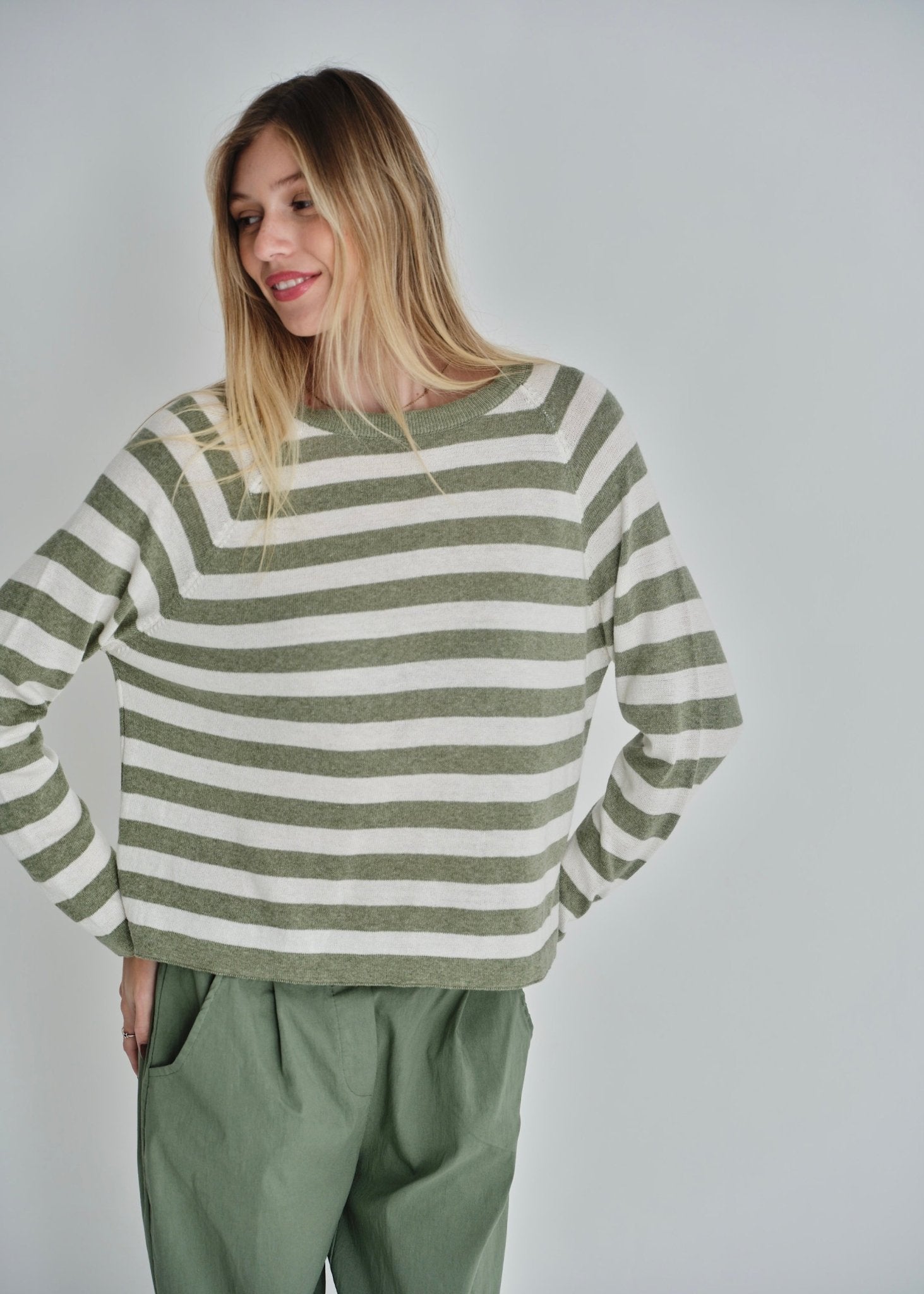 View our Montauk Striped Cotton Blend Knit Italian Sweater In Khaki - by Tribute Store