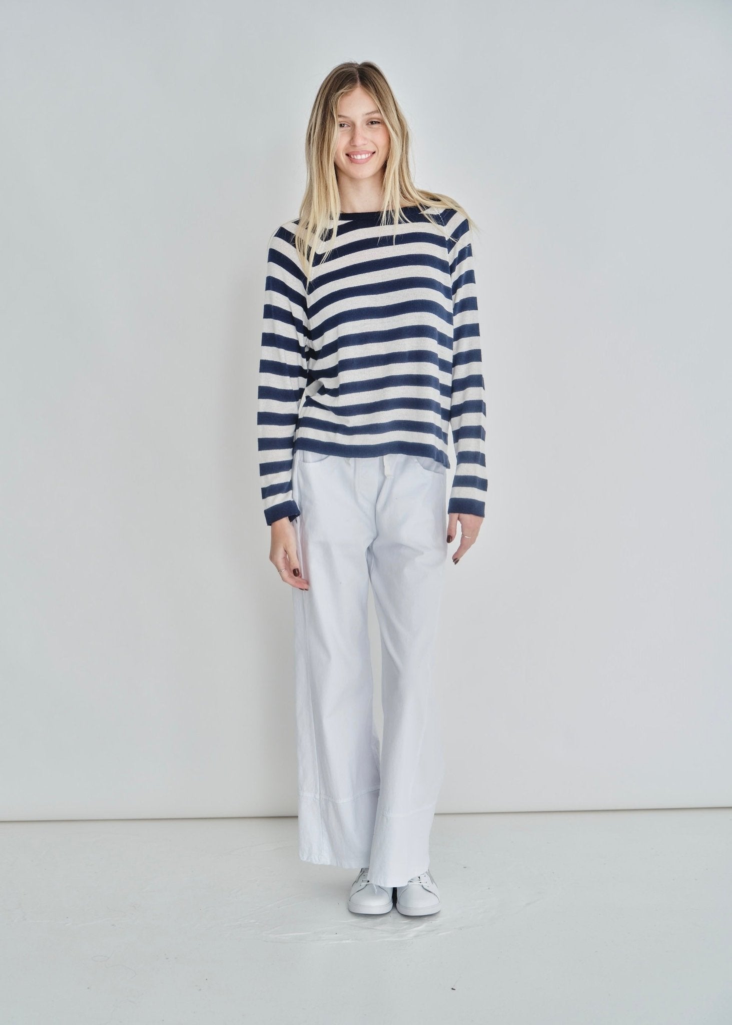 View our Montauk Striped Cotton Blend Knit Italian Sweater In Marine Blue - by Tribute Store