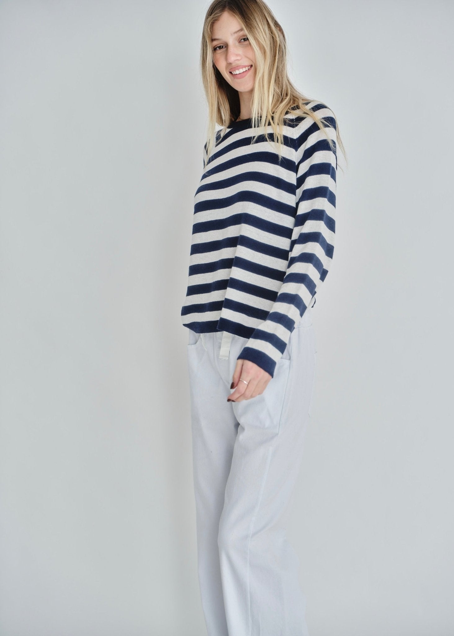 View our Montauk Striped Cotton Blend Knit Italian Sweater In Marine Blue - by Tribute Store