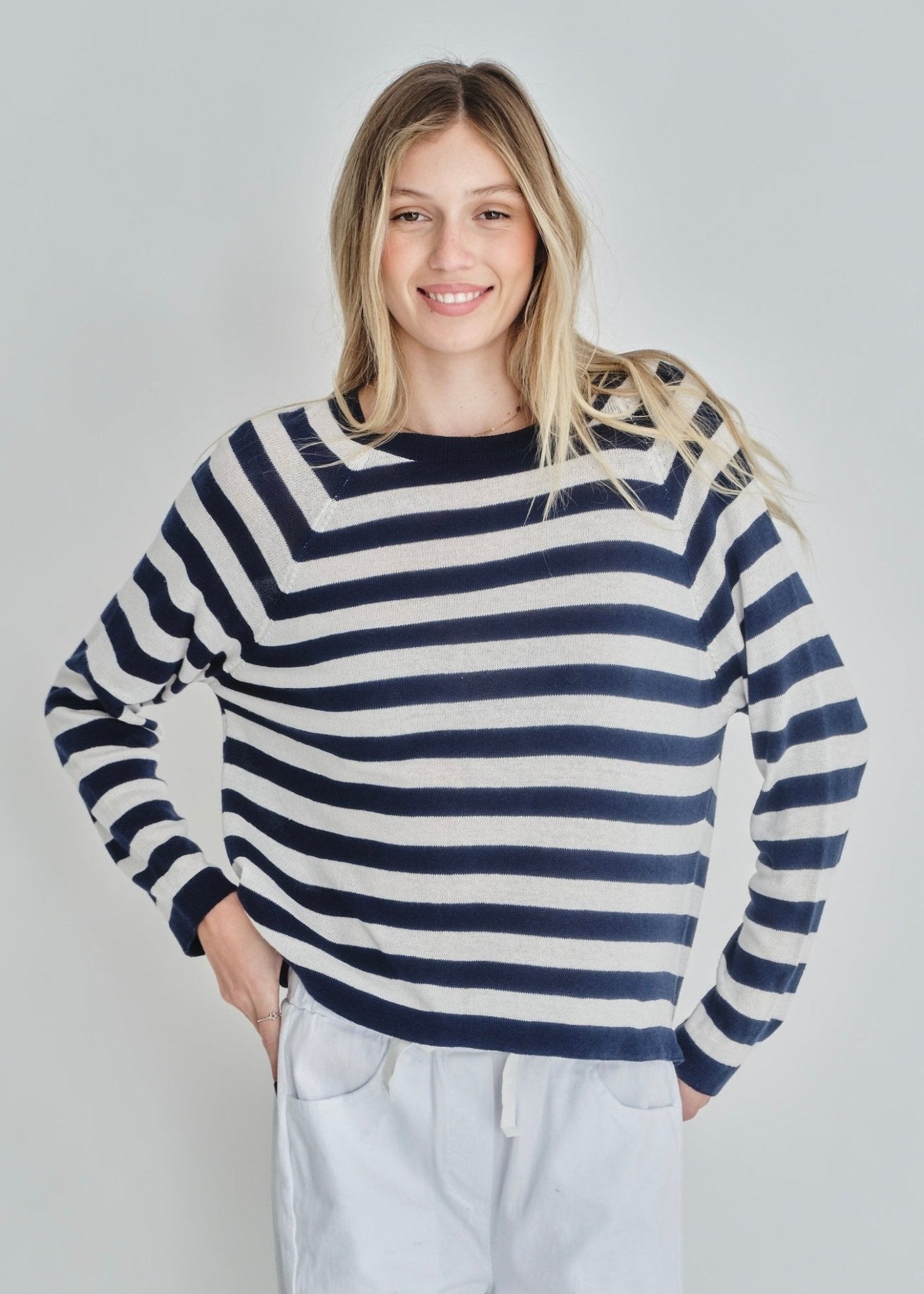 View our Montauk Striped Cotton Blend Knit Italian Sweater In Marine Blue - by Tribute Store