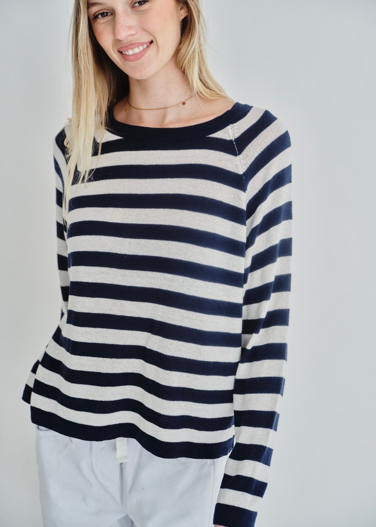 View our Montauk Striped Cotton Blend Knit Italian Sweater In Marine Blue - by Tribute Store