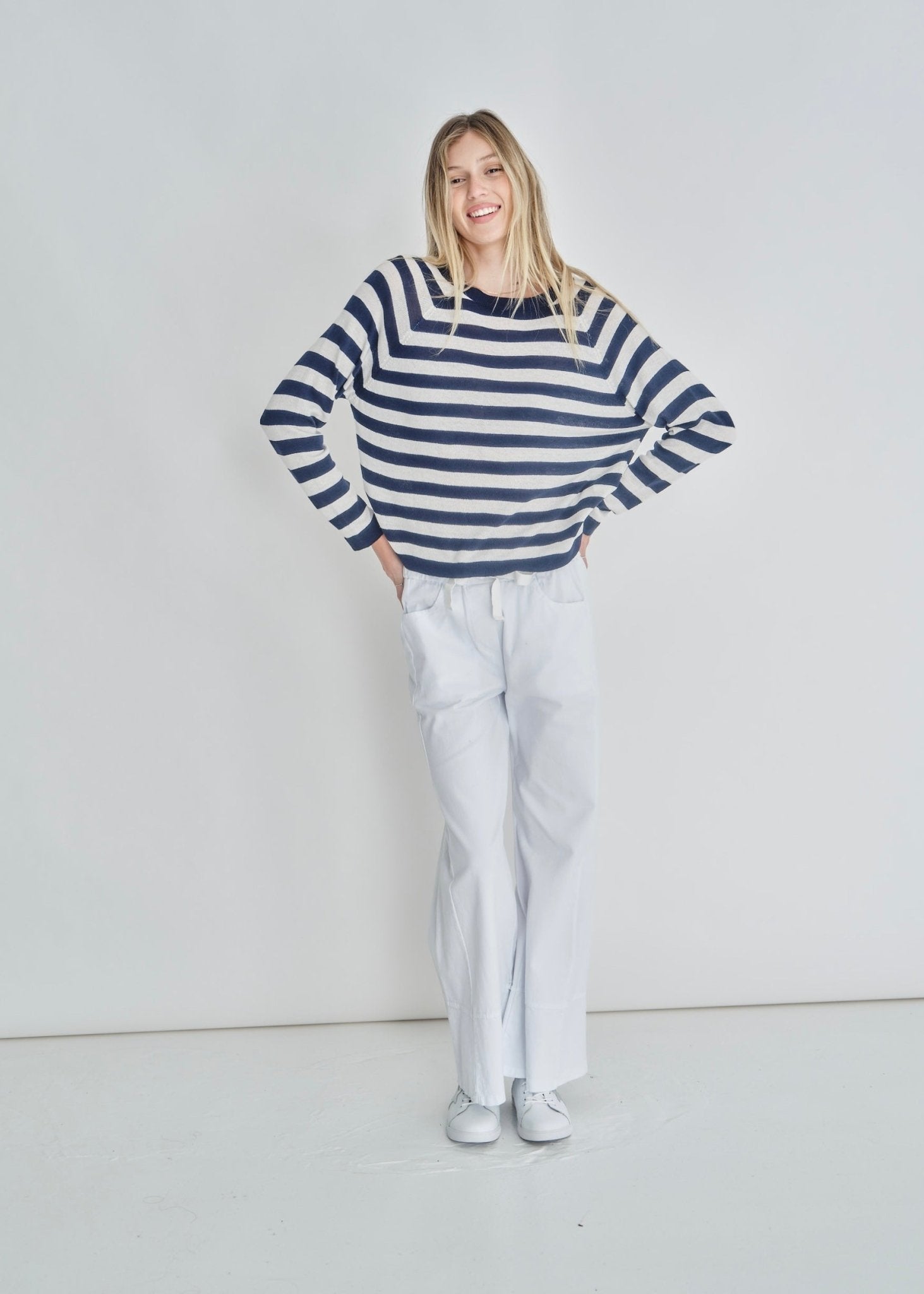 View our Montauk Striped Cotton Blend Knit Italian Sweater In Marine Blue - by Tribute Store