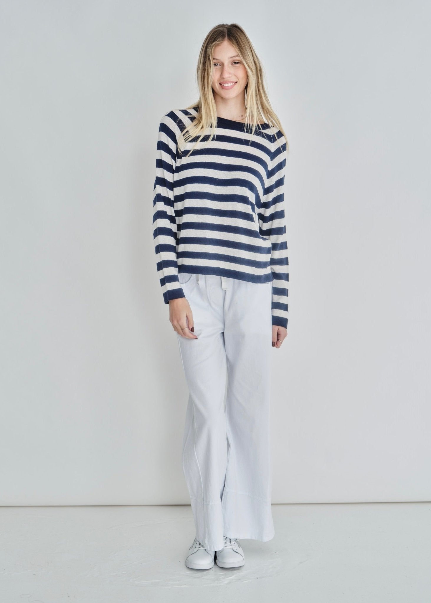 View our Montauk Striped Cotton Blend Knit Italian Sweater In Marine Blue - by Tribute Store
