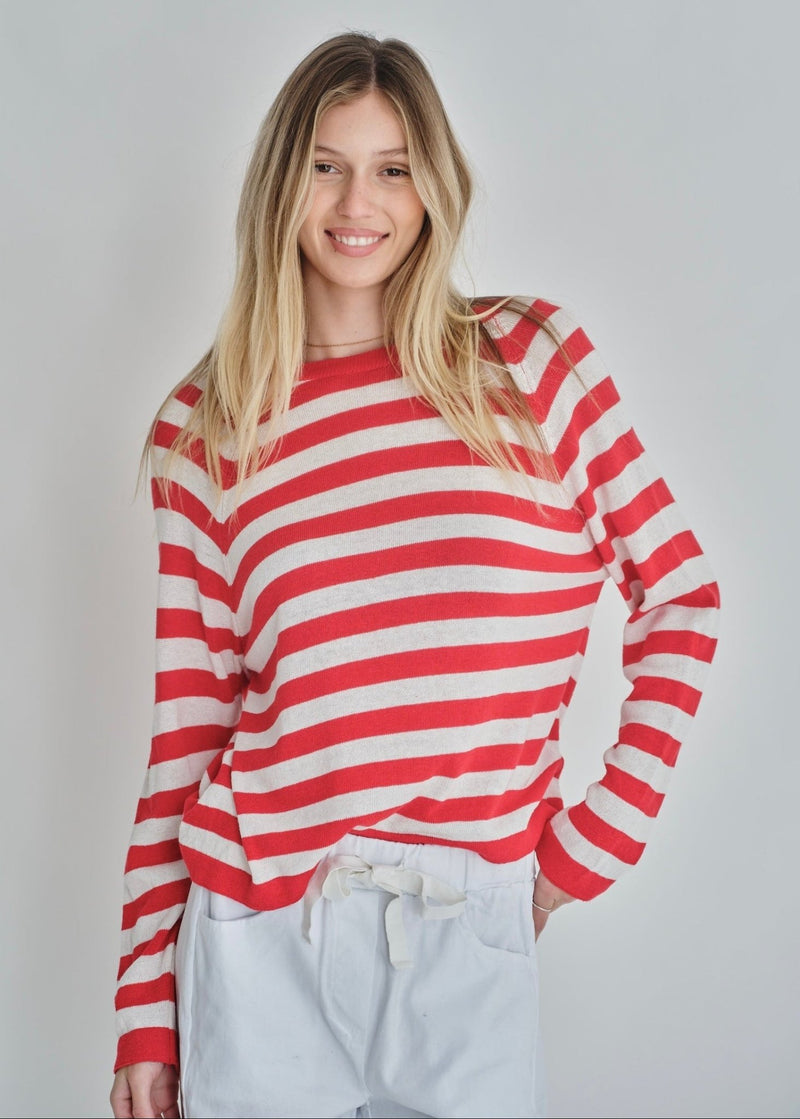 View our Montauk Striped Cotton Blend Knit Italian Sweater In Red - by Tribute Store