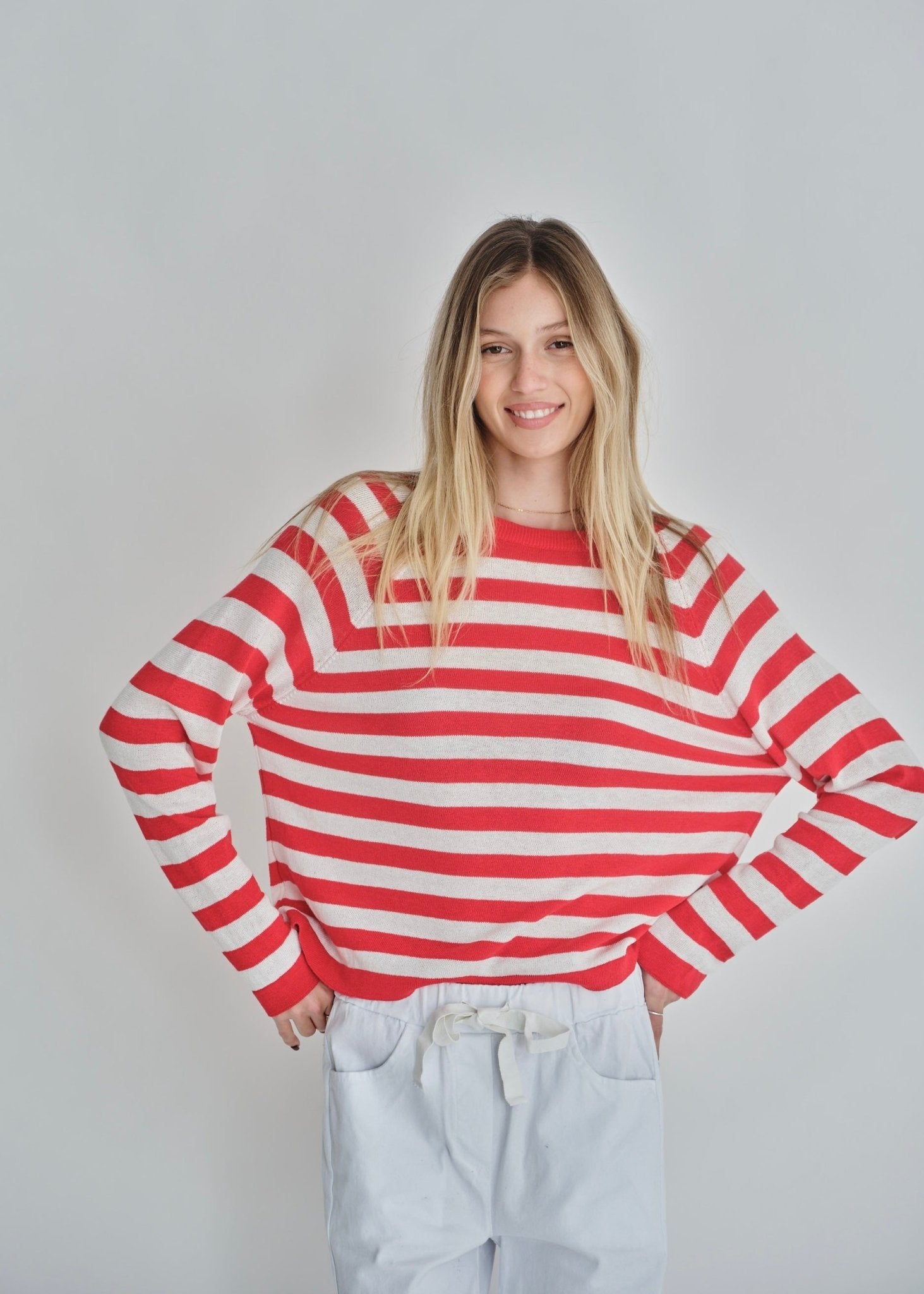 View our Montauk Striped Cotton Blend Knit Italian Sweater In Red - by Tribute Store