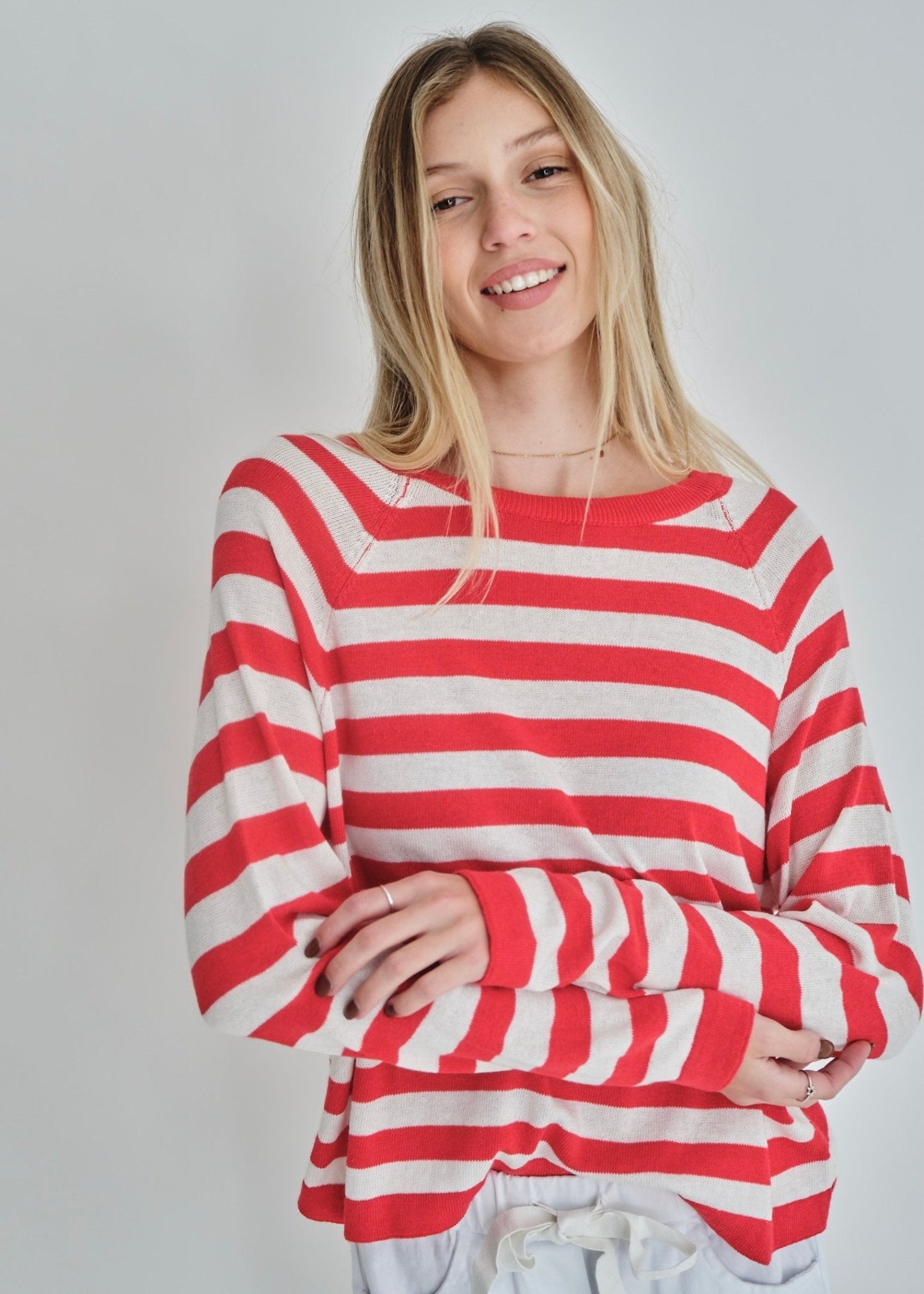 View our Montauk Striped Cotton Blend Knit Italian Sweater In Red - by Tribute Store