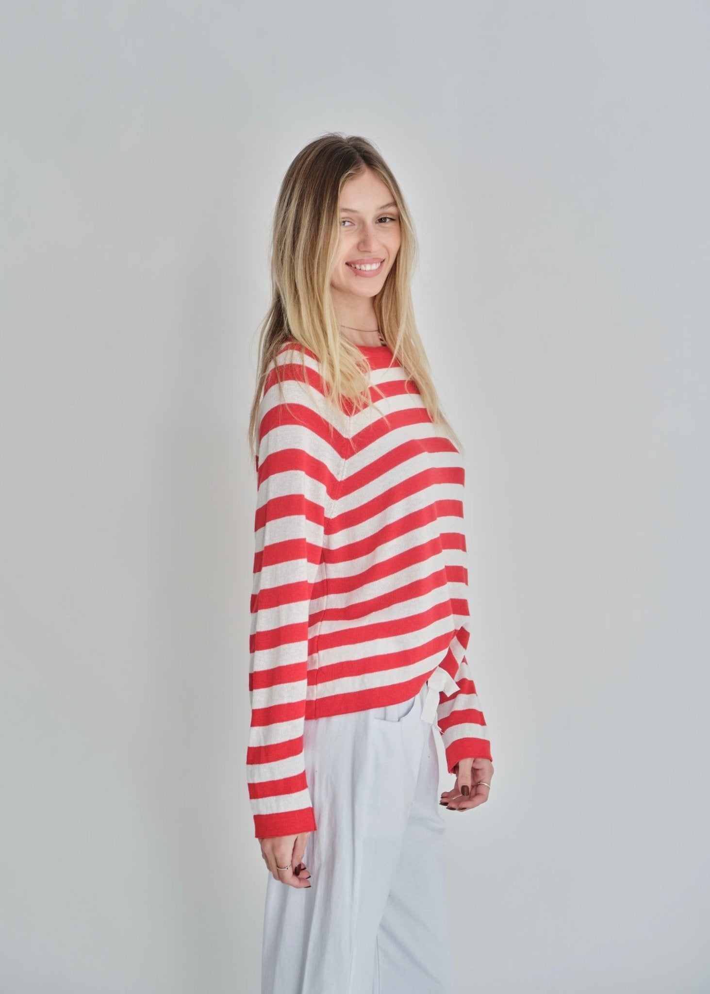 View our Montauk Striped Cotton Blend Knit Italian Sweater In Red - by Tribute Store