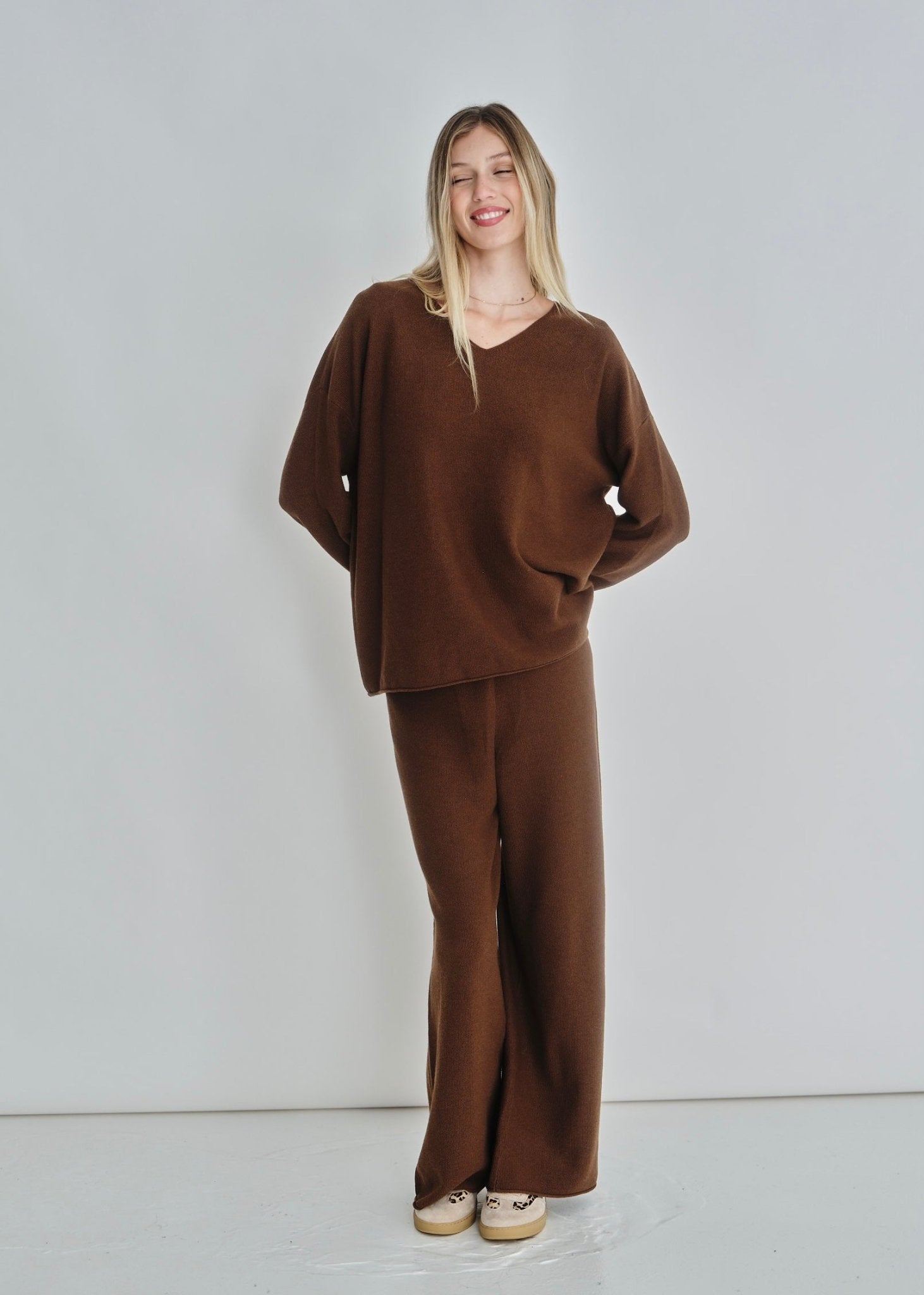 View our Monteray V-Neck Luxe Knit Top In Chocolate - by Tribute Store
