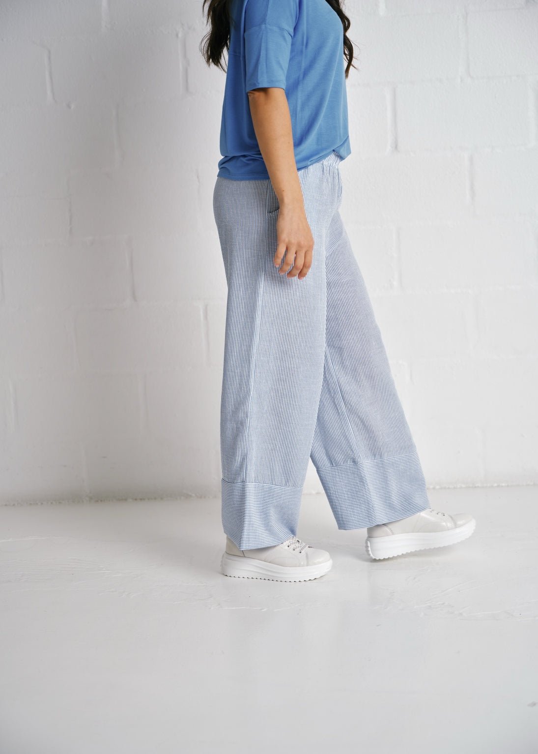 View our Mykonos Wide Leg Pants In Blue Stripe - by Tribute Store