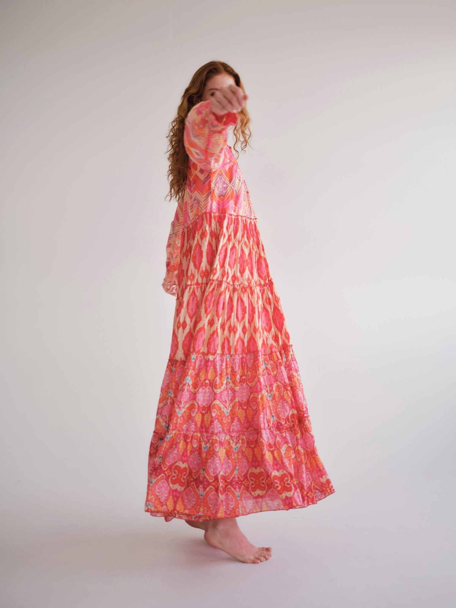 View our Olsen Cotton Long Sleeved Maxi Dress With Orange Zig Zag Print - by Tribute Store
