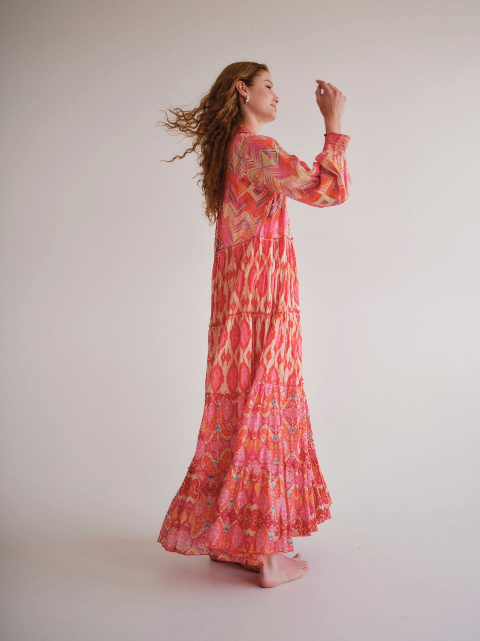 View our Olsen Cotton Long Sleeved Maxi Dress With Orange Zig Zag Print - by Tribute Store