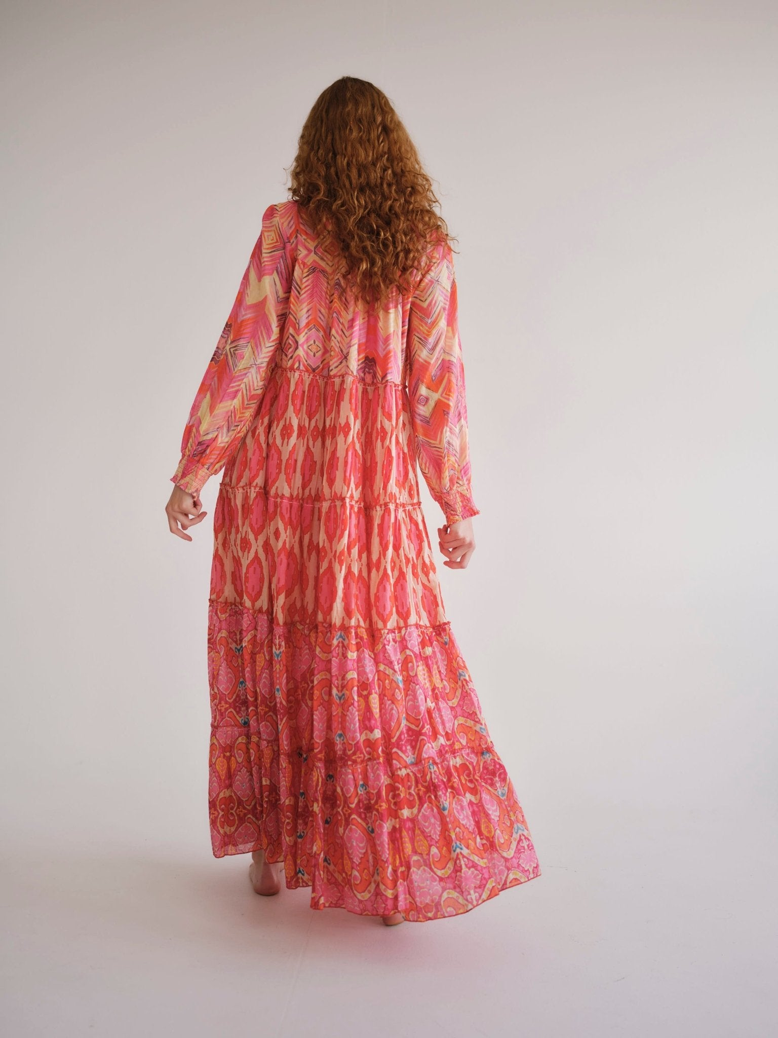 View our Olsen Cotton Long Sleeved Maxi Dress With Orange Zig Zag Print - by Tribute Store