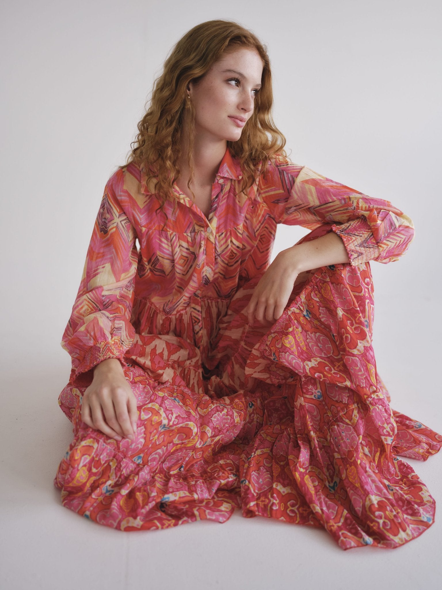 View our Olsen Cotton Long Sleeved Maxi Dress With Orange Zig Zag Print - by Tribute Store