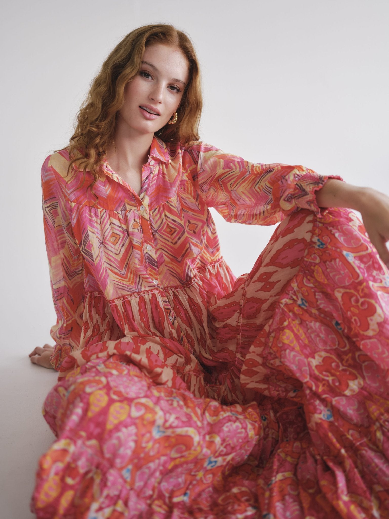 View our Olsen Cotton Long Sleeved Maxi Dress With Orange Zig Zag Print - by Tribute Store