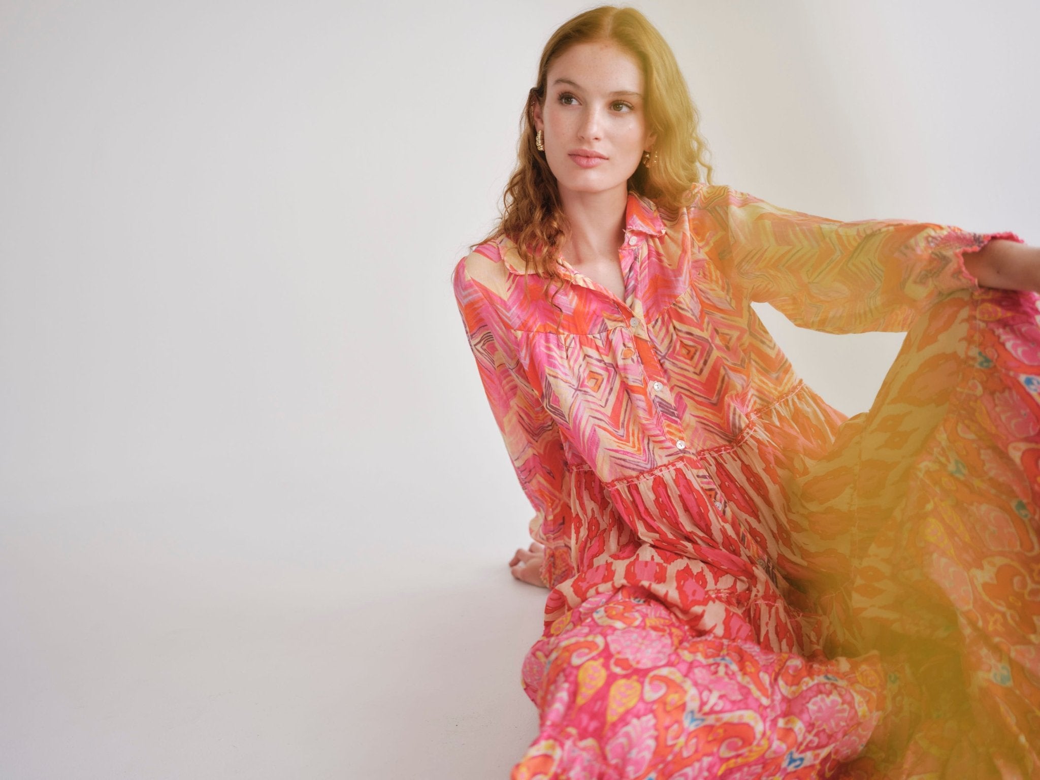 View our Olsen Cotton Long Sleeved Maxi Dress With Orange Zig Zag Print - by Tribute Store