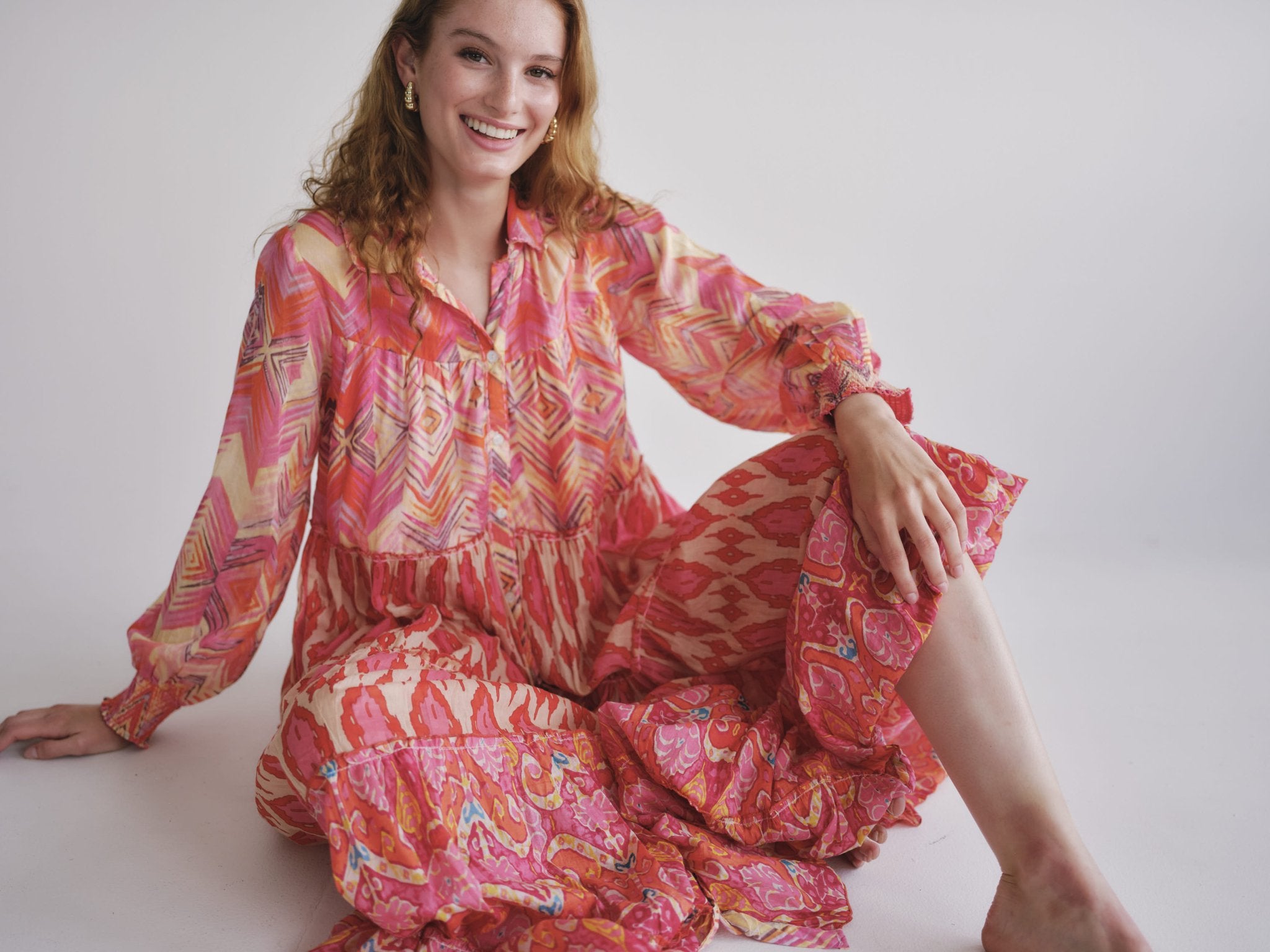 View our Olsen Cotton Long Sleeved Maxi Dress With Orange Zig Zag Print - by Tribute Store