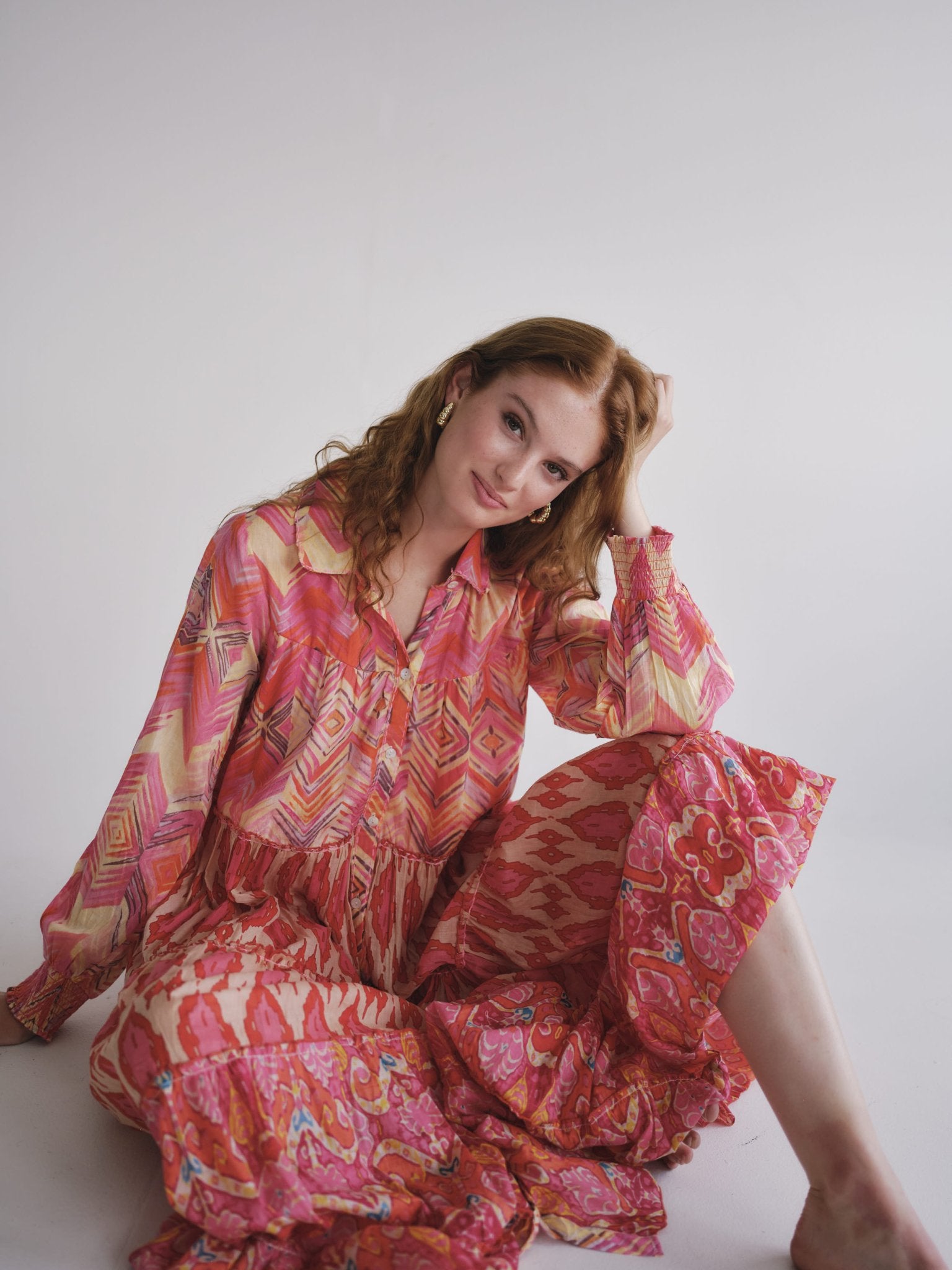 View our Olsen Cotton Long Sleeved Maxi Dress With Orange Zig Zag Print - by Tribute Store