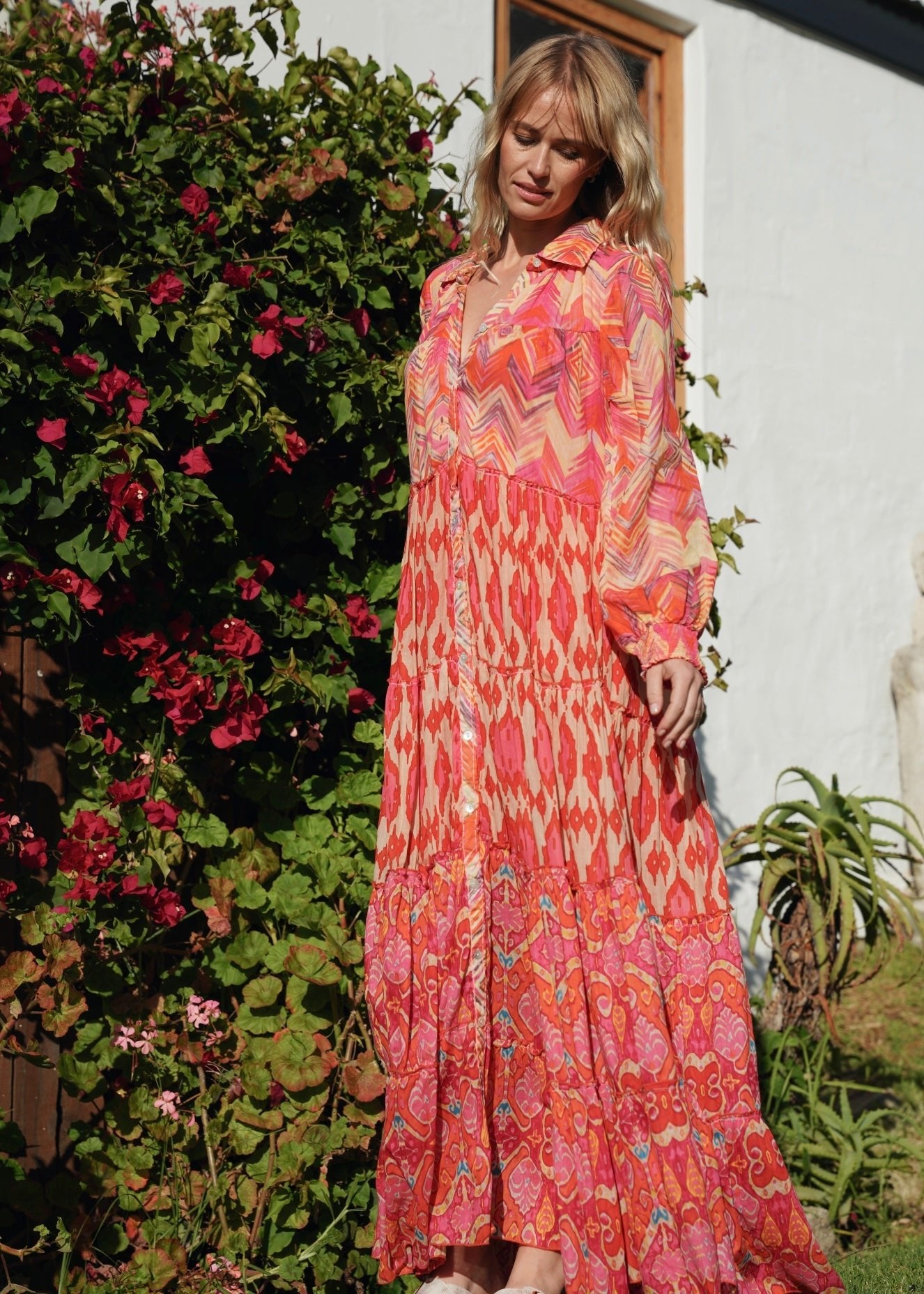 View our Olsen Cotton Long Sleeved Maxi Dress With Orange Zig Zag Print - by Tribute Store