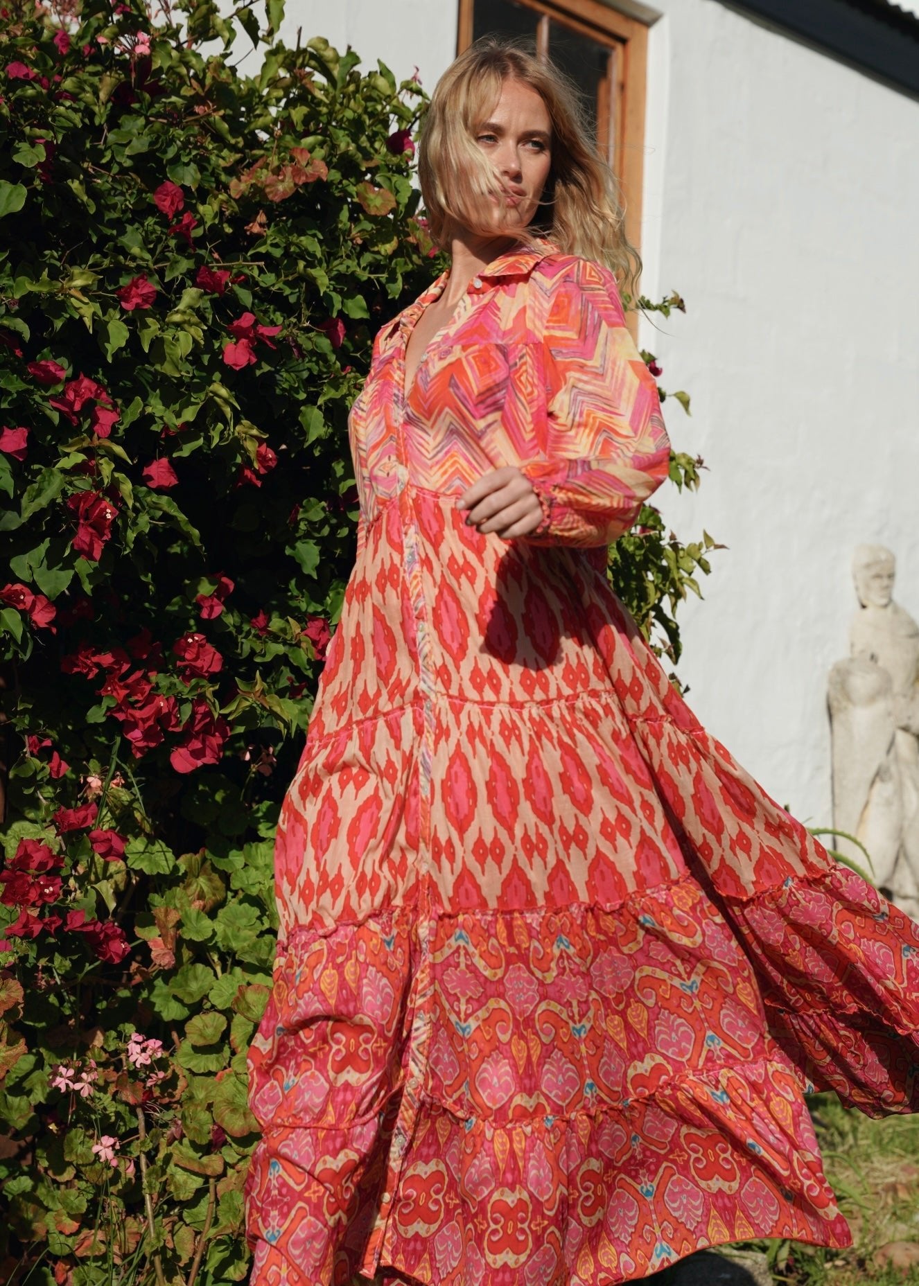 View our Olsen Cotton Long Sleeved Maxi Dress With Orange Zig Zag Print - by Tribute Store