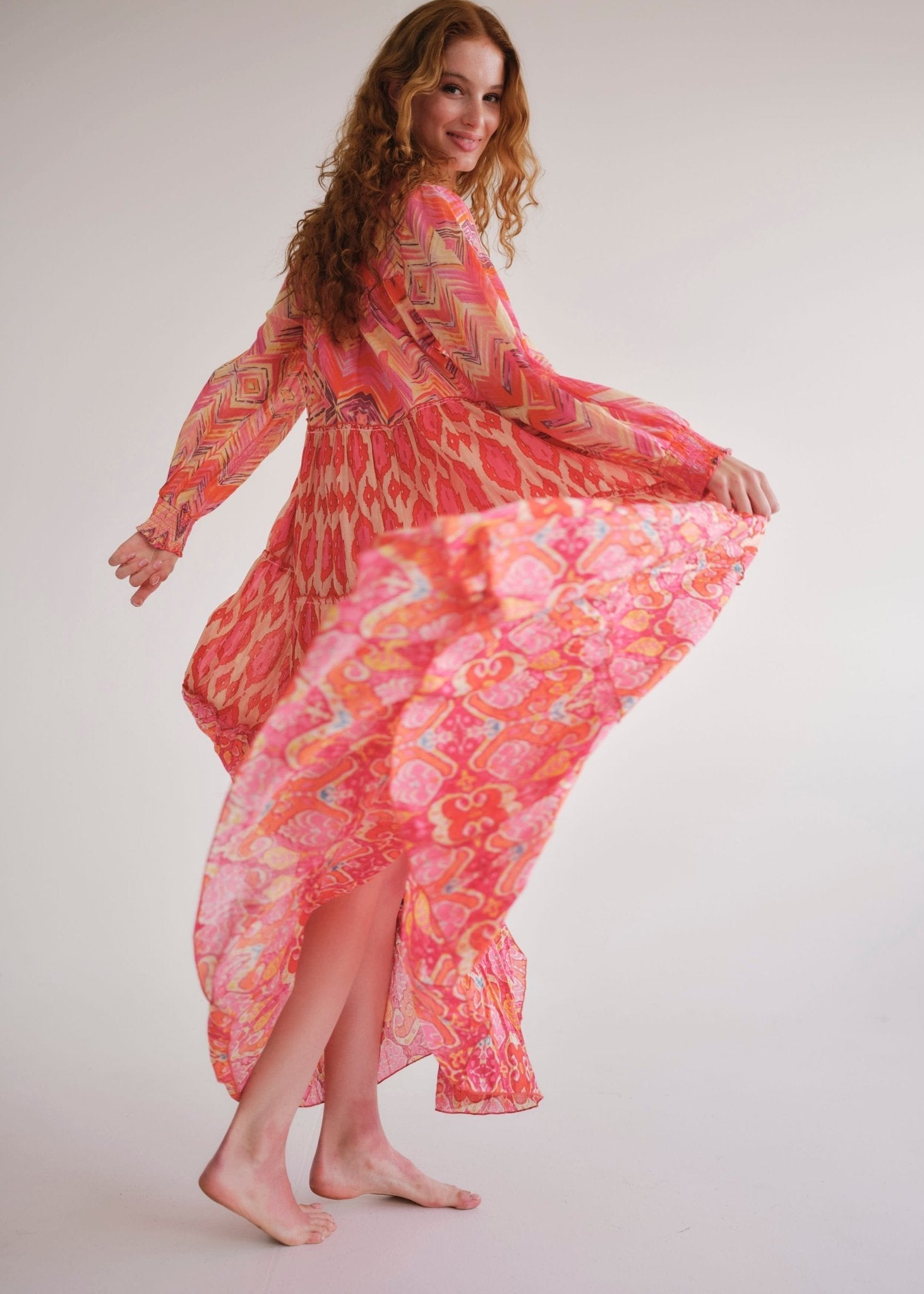 View our Olsen Cotton Long Sleeved Maxi Dress With Orange Zig Zag Print - by Tribute Store