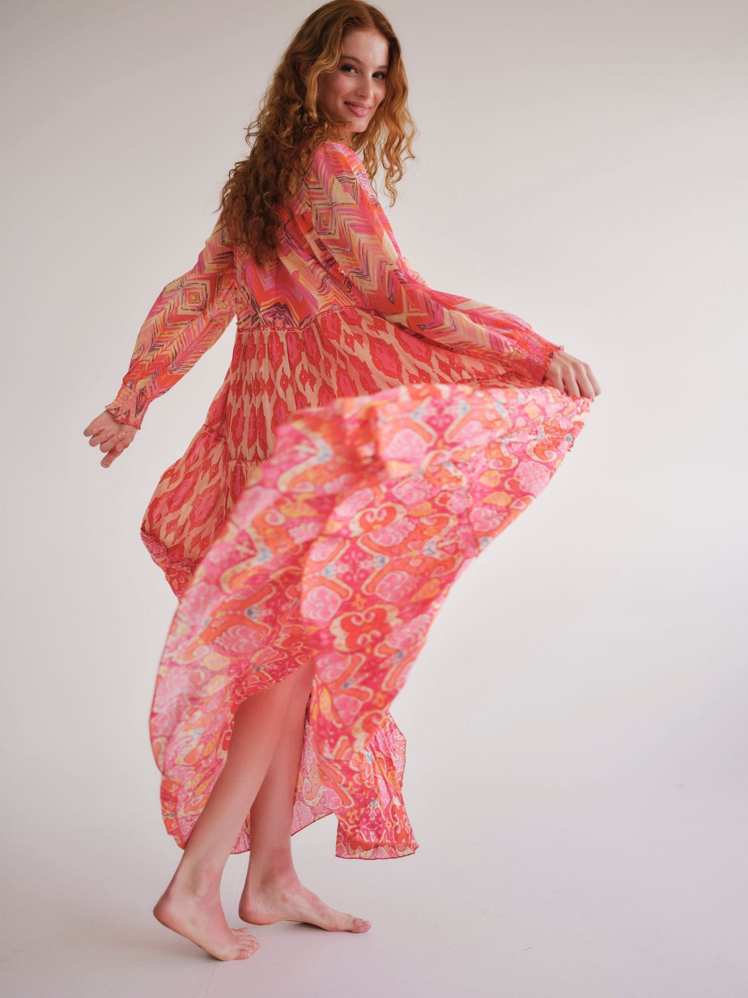 View our Olsen Cotton Long Sleeved Maxi Dress With Orange Zig Zag Print - by Tribute Store