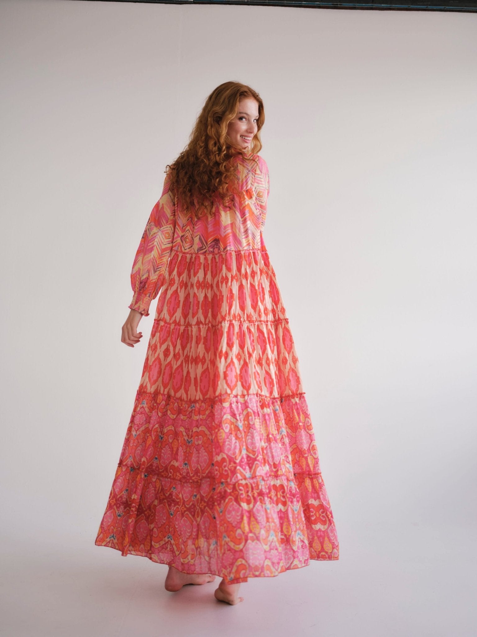 View our Olsen Cotton Long Sleeved Maxi Dress With Orange Zig Zag Print - by Tribute Store