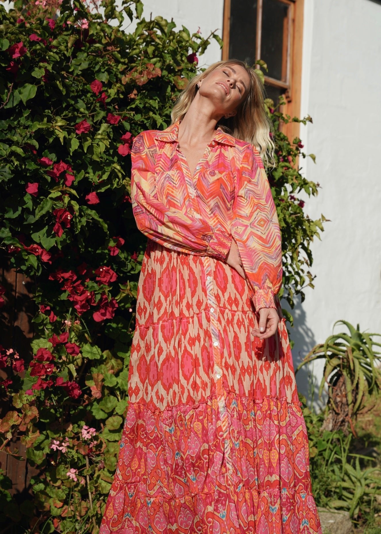View our Olsen Cotton Long Sleeved Maxi Dress With Orange Zig Zag Print - by Tribute Store