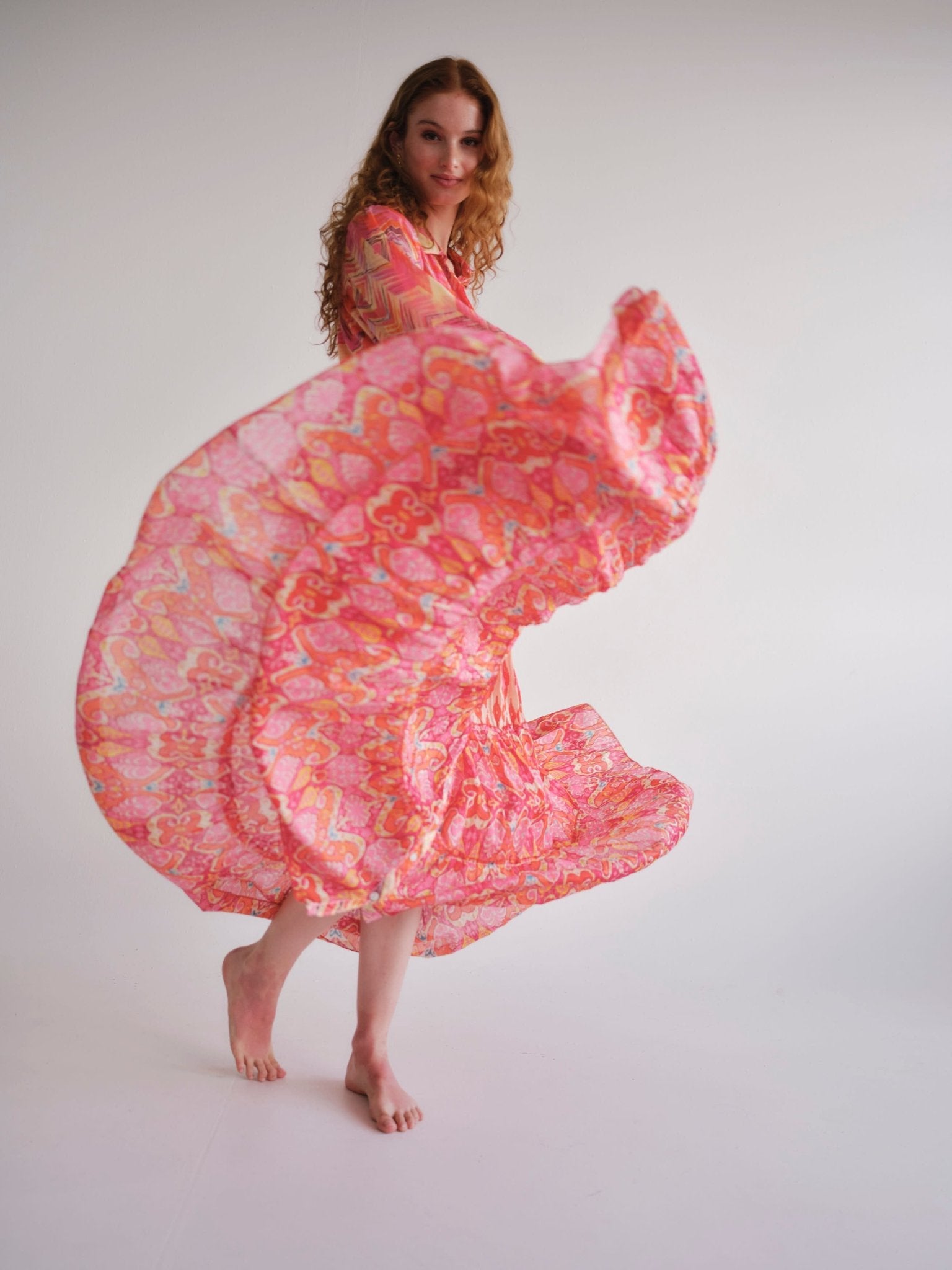 View our Olsen Cotton Long Sleeved Maxi Dress With Orange Zig Zag Print - by Tribute Store