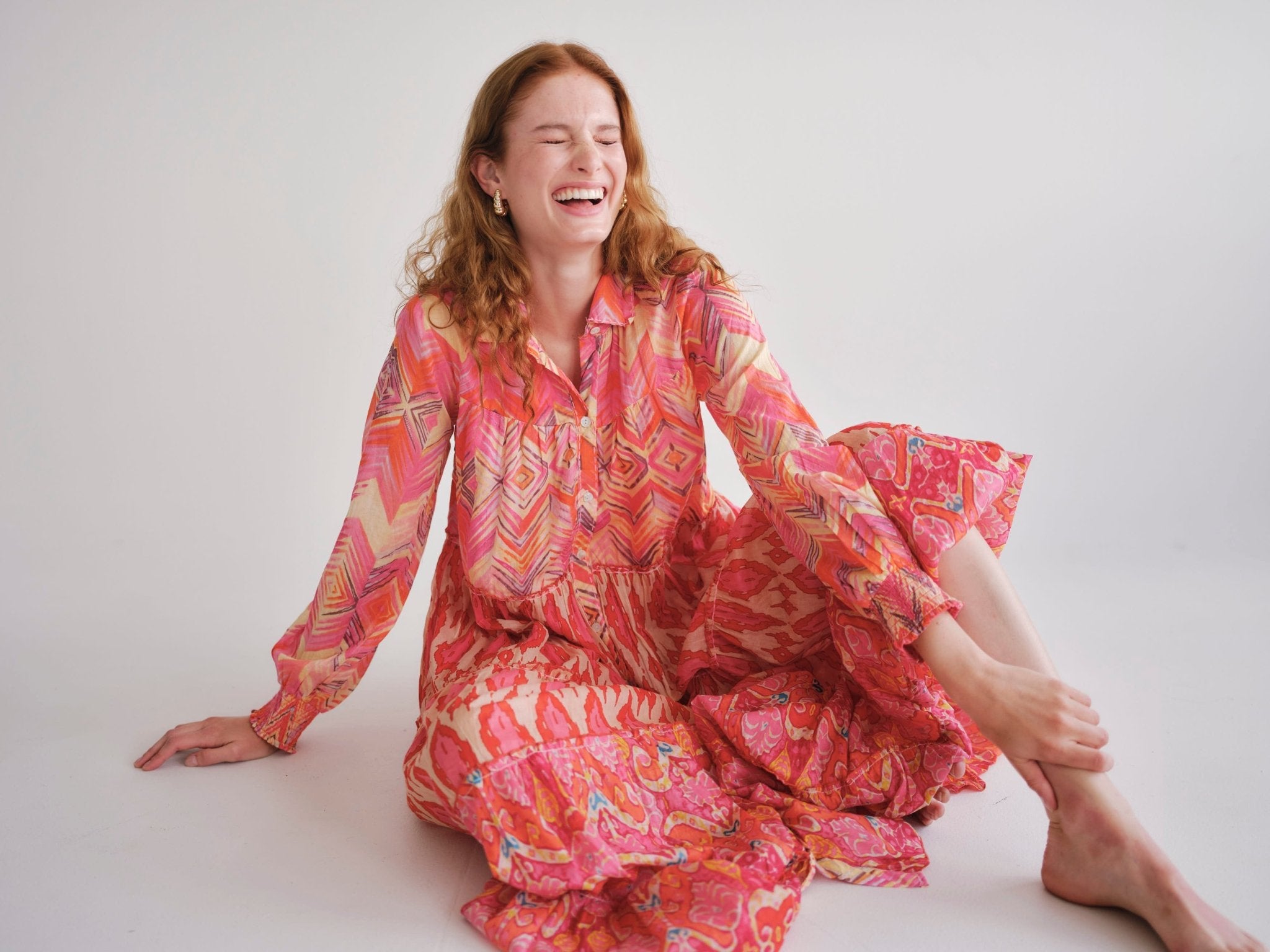 View our Olsen Cotton Long Sleeved Maxi Dress With Orange Zig Zag Print - by Tribute Store