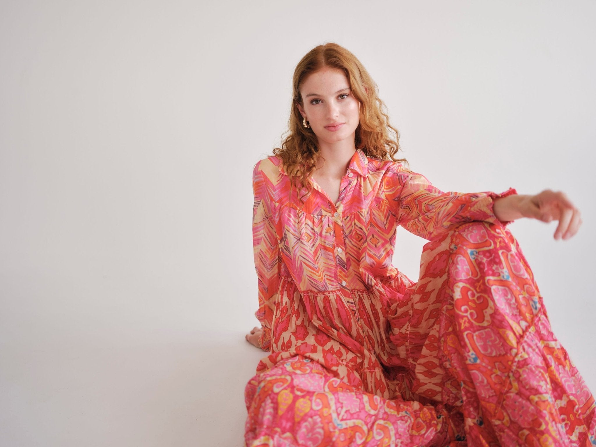 View our Olsen Cotton Long Sleeved Maxi Dress With Orange Zig Zag Print - by Tribute Store
