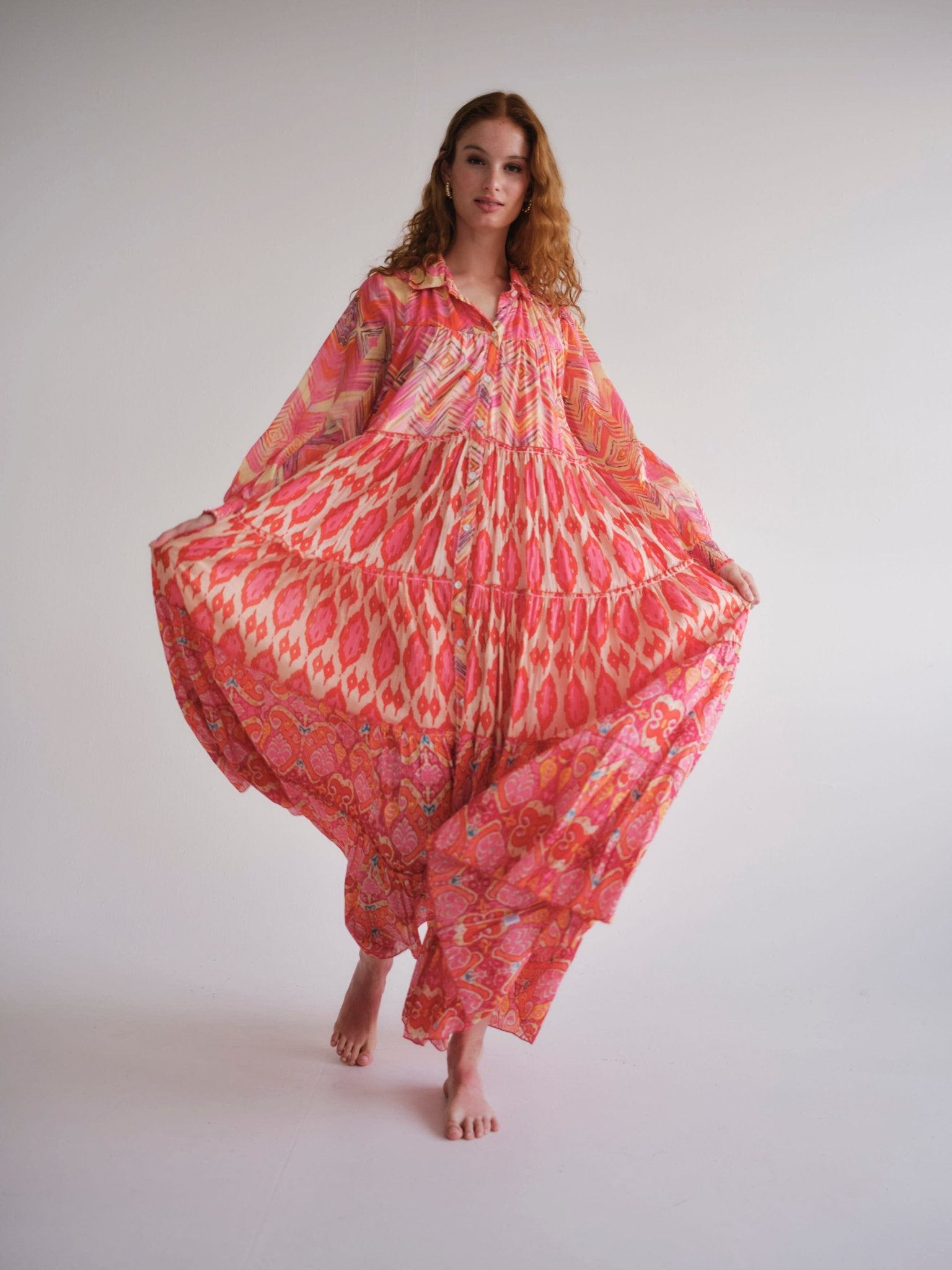 View our Olsen Cotton Long Sleeved Maxi Dress With Orange Zig Zag Print - by Tribute Store