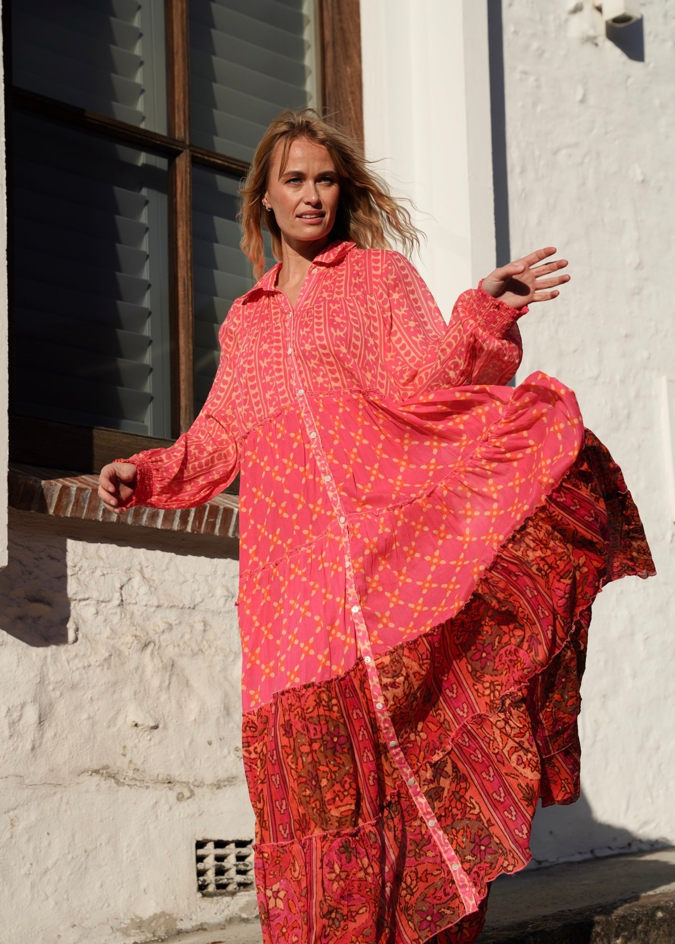 View our Olsen Cotton Long Sleeved Maxi Dress With Pink And Orange Floral - by Tribute Store