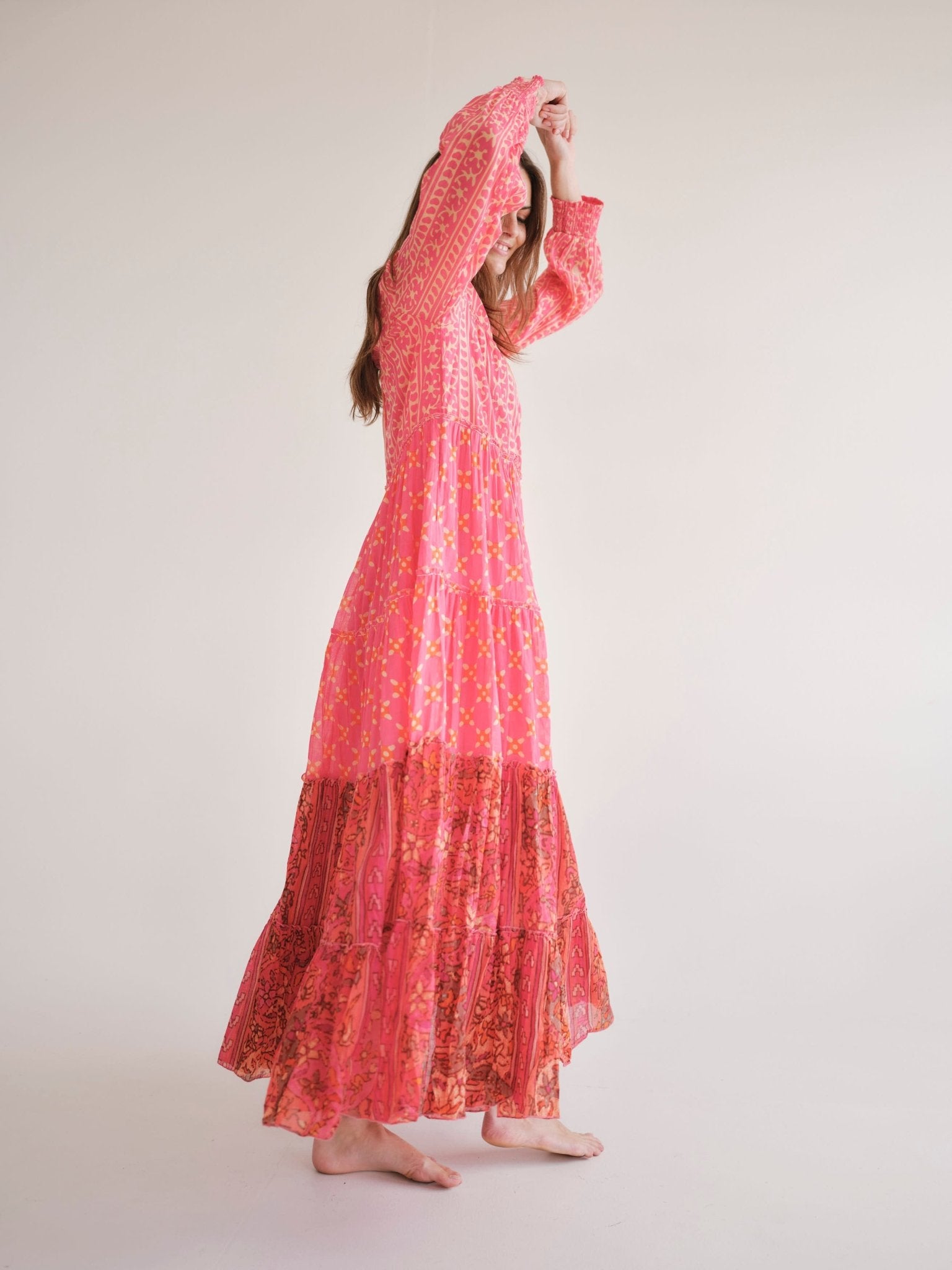 View our Olsen Cotton Long Sleeved Maxi Dress With Pink And Orange Floral - by Tribute Store