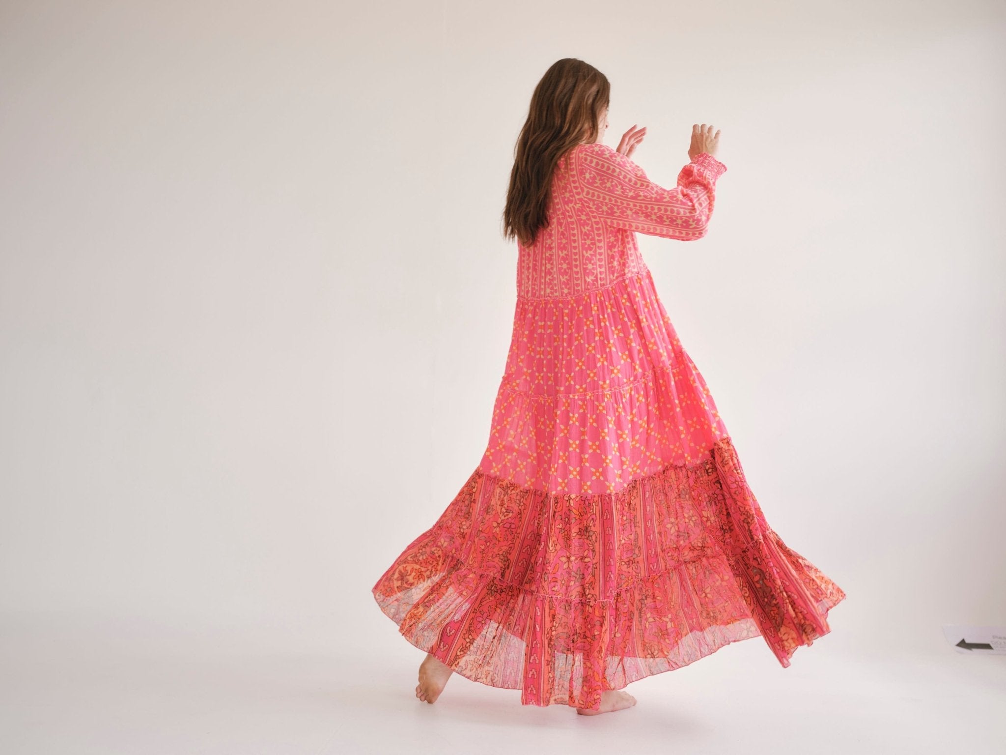 View our Olsen Cotton Long Sleeved Maxi Dress With Pink And Orange Floral - by Tribute Store
