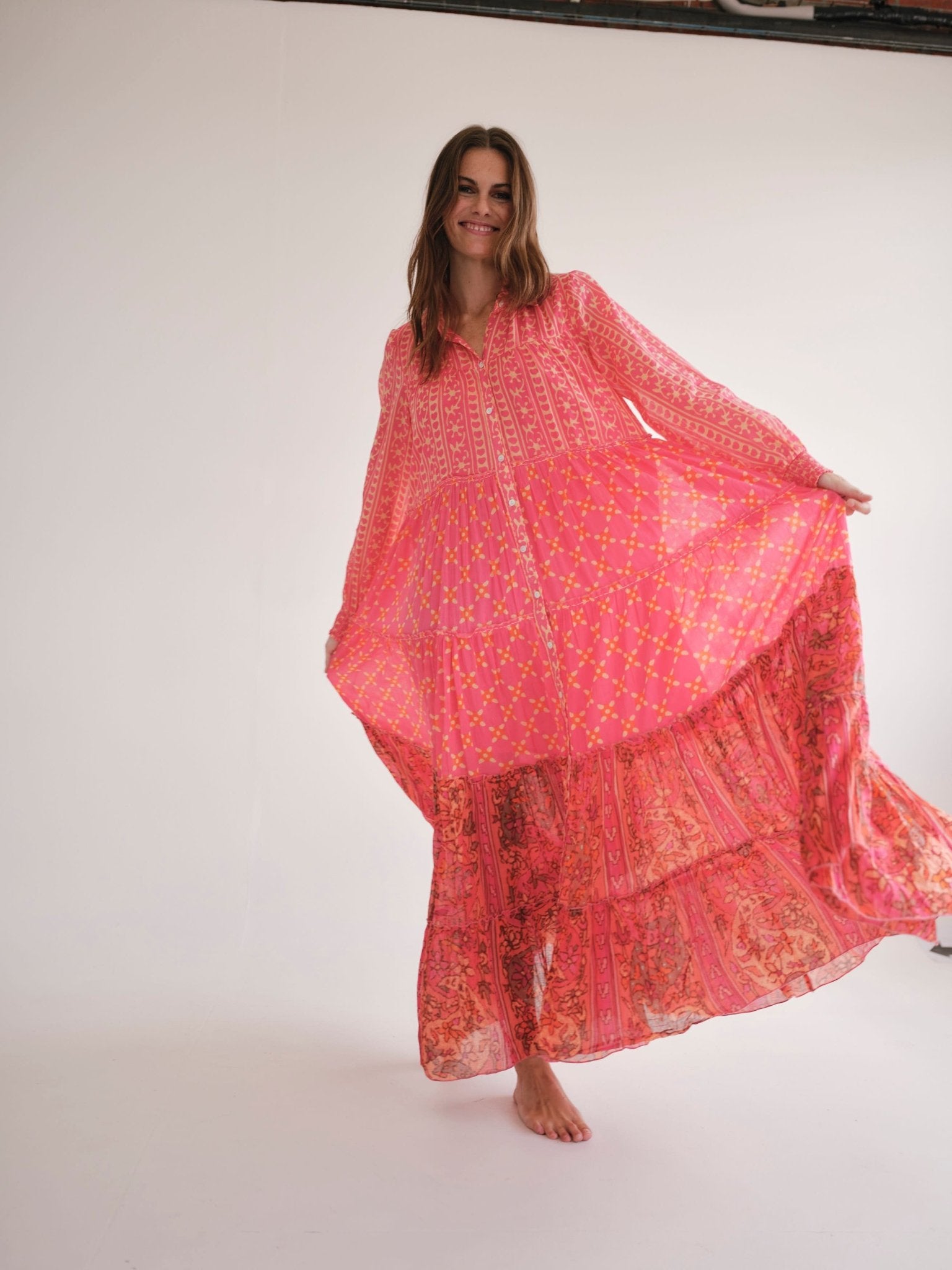 View our Olsen Cotton Long Sleeved Maxi Dress With Pink And Orange Floral - by Tribute Store
