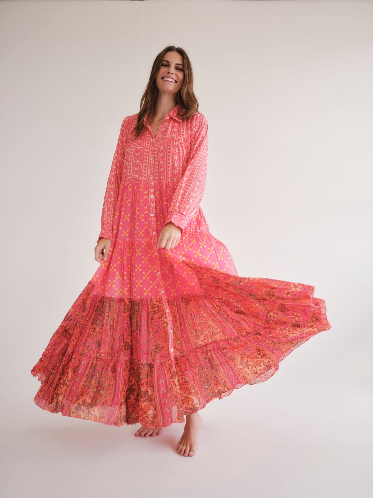 View our Olsen Cotton Long Sleeved Maxi Dress With Pink And Orange Floral - by Tribute Store