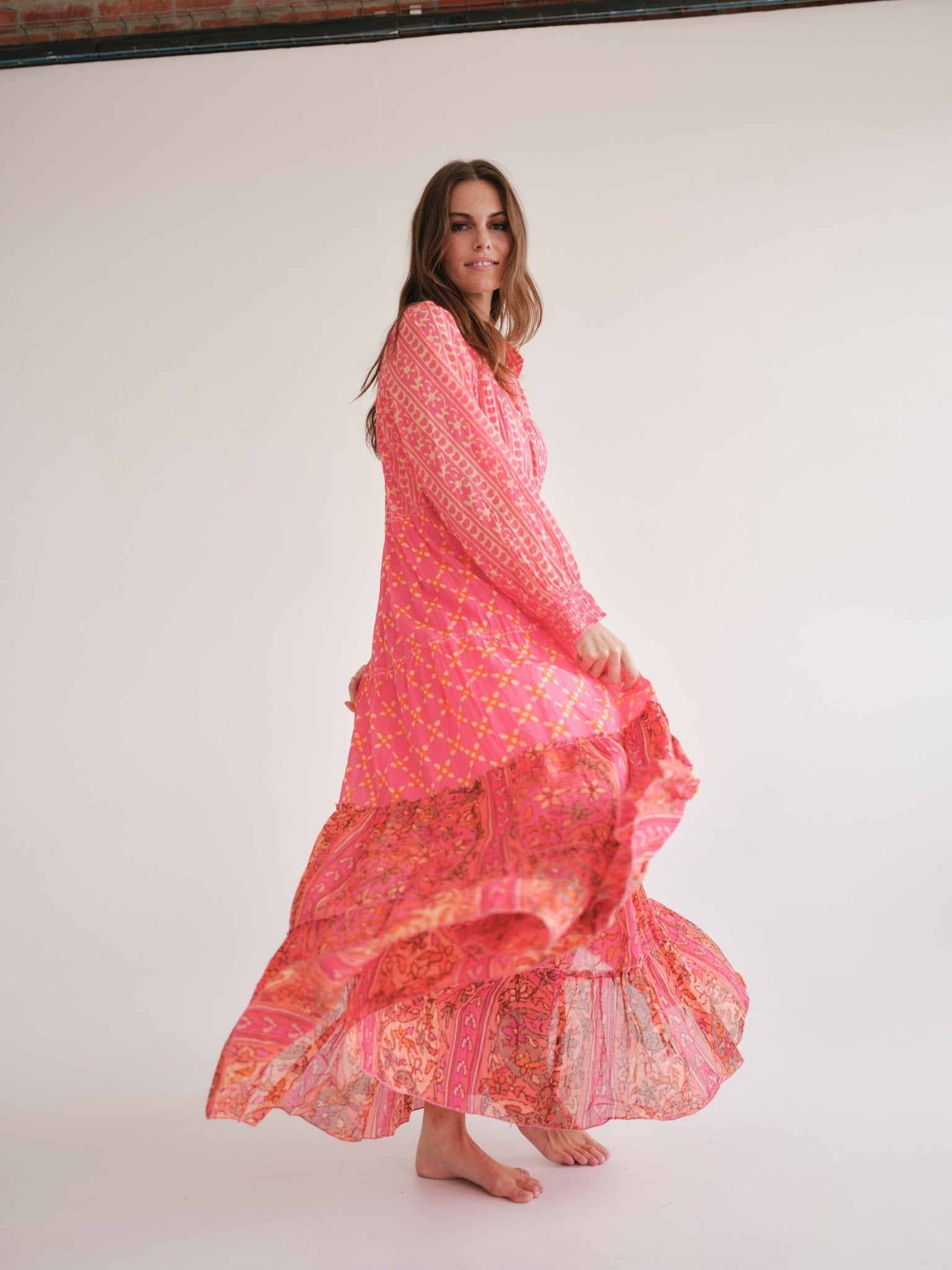 View our Olsen Cotton Long Sleeved Maxi Dress With Pink And Orange Floral - by Tribute Store