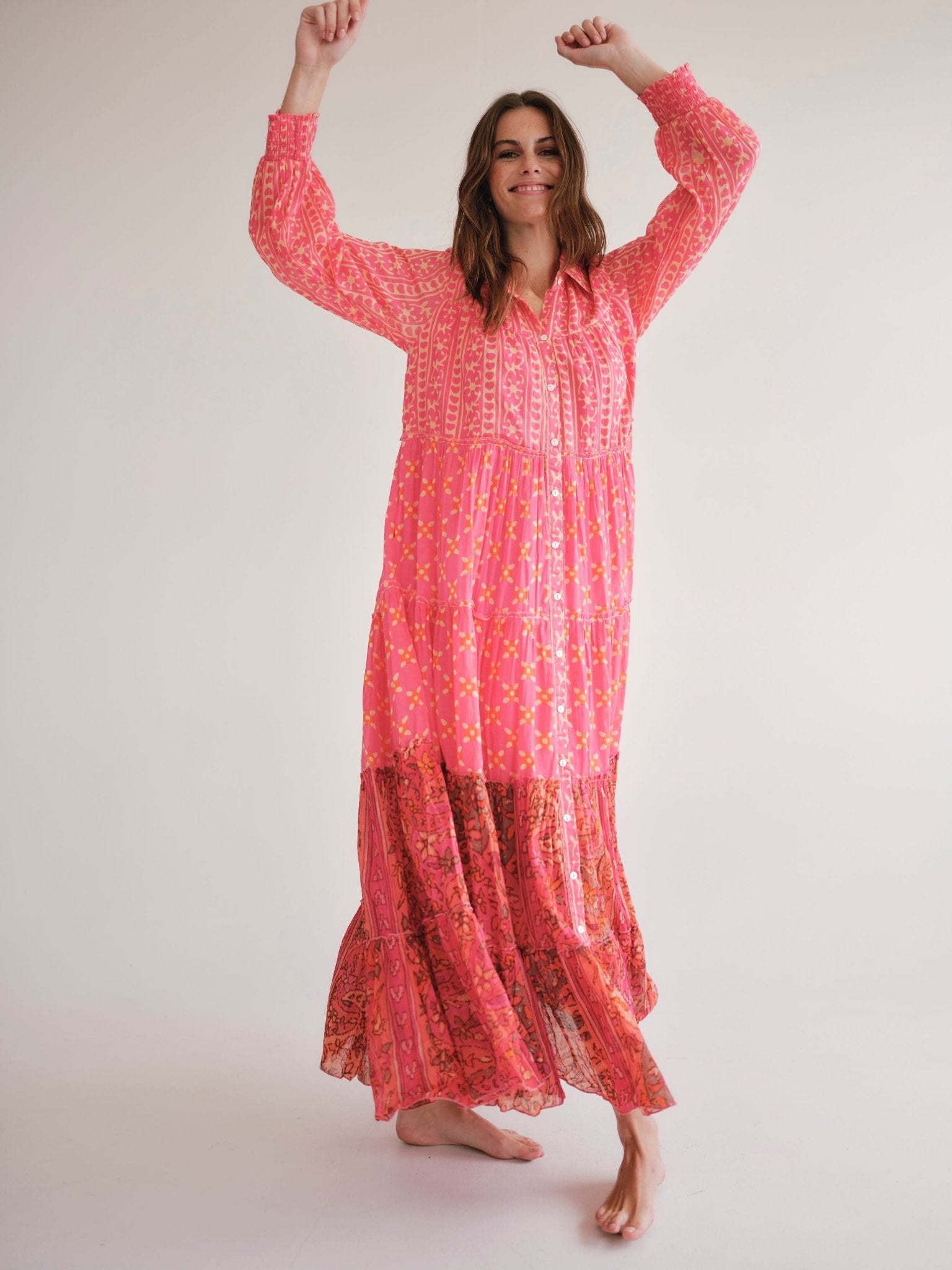 View our Olsen Cotton Long Sleeved Maxi Dress With Pink And Orange Floral - by Tribute Store
