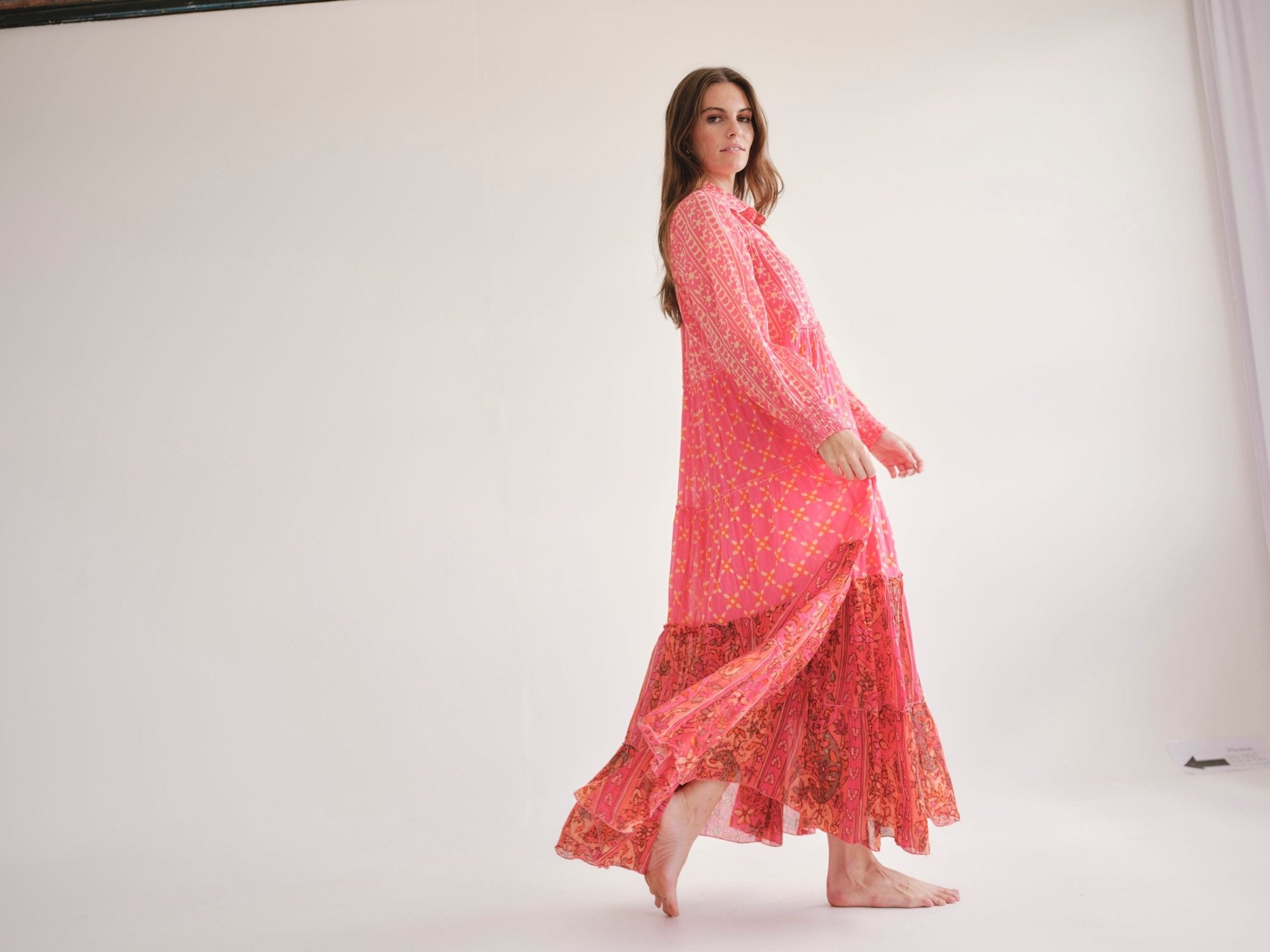 View our Olsen Cotton Long Sleeved Maxi Dress With Pink And Orange Floral - by Tribute Store