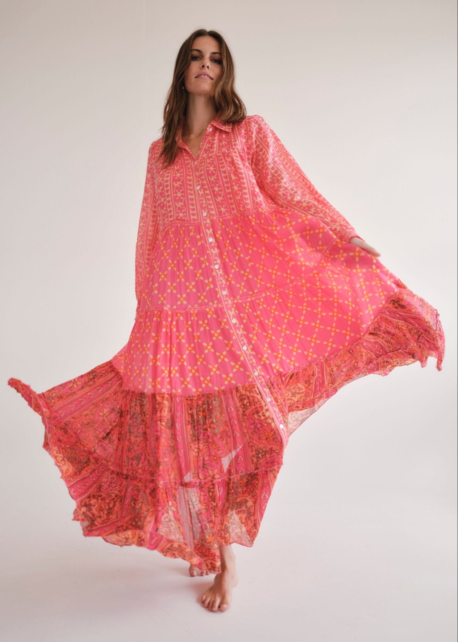 View our Olsen Cotton Long Sleeved Maxi Dress With Pink And Orange Floral - by Tribute Store